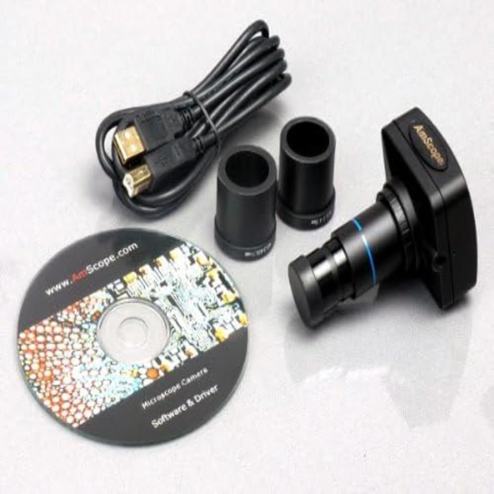 AmScope T360B-5M Digital Trinocular Compound Microscope, 40X-2000X Magnification, WF10x and WF20x Eyepieces, Brightfield, LED Illumination, Abbe Condenser, Double-Layer Mechanical Stage, Includes 5MP Camera with Reduction Lens and Software