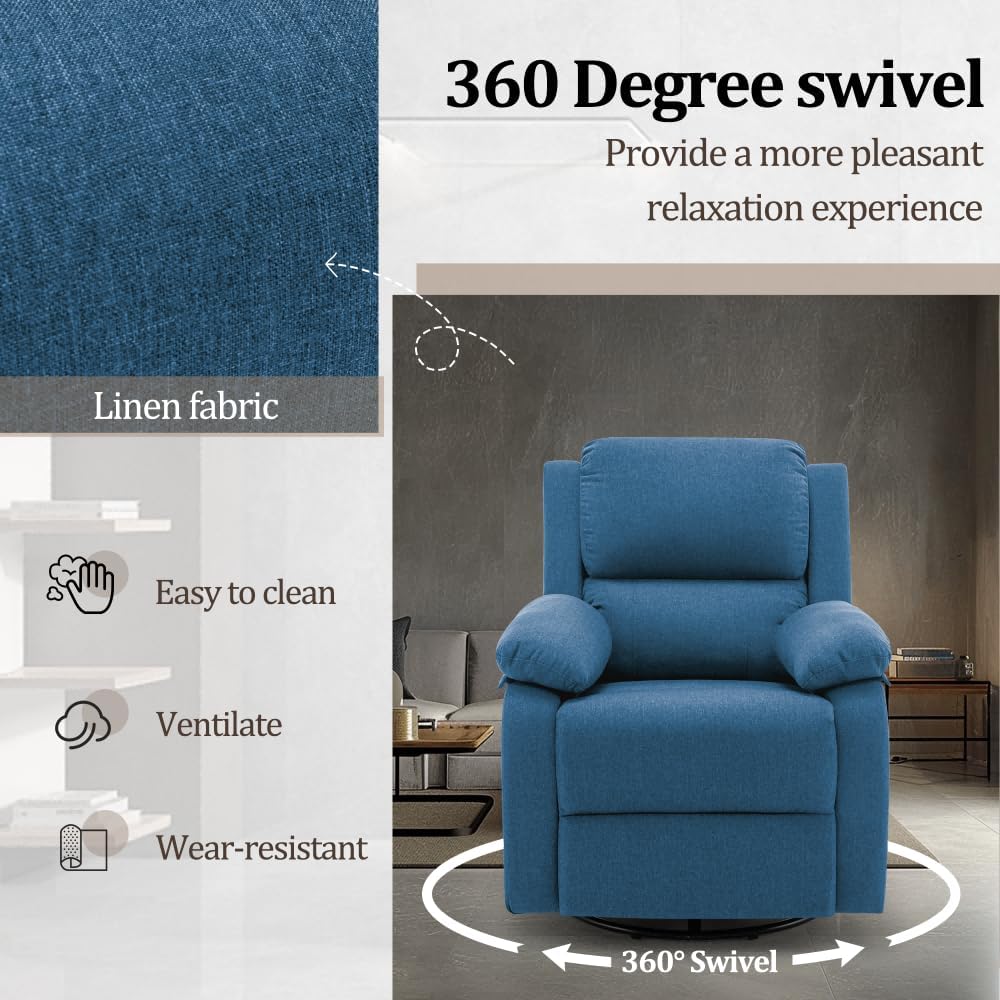 Recliner Chair, 360 Swivel Rocker Chair for Adults, Small Rocking Recliner Chair for Small Spaces, Upholstered Fabric Glider Recliner Nursery Chair with Side Pockets for Living Room, Nursery