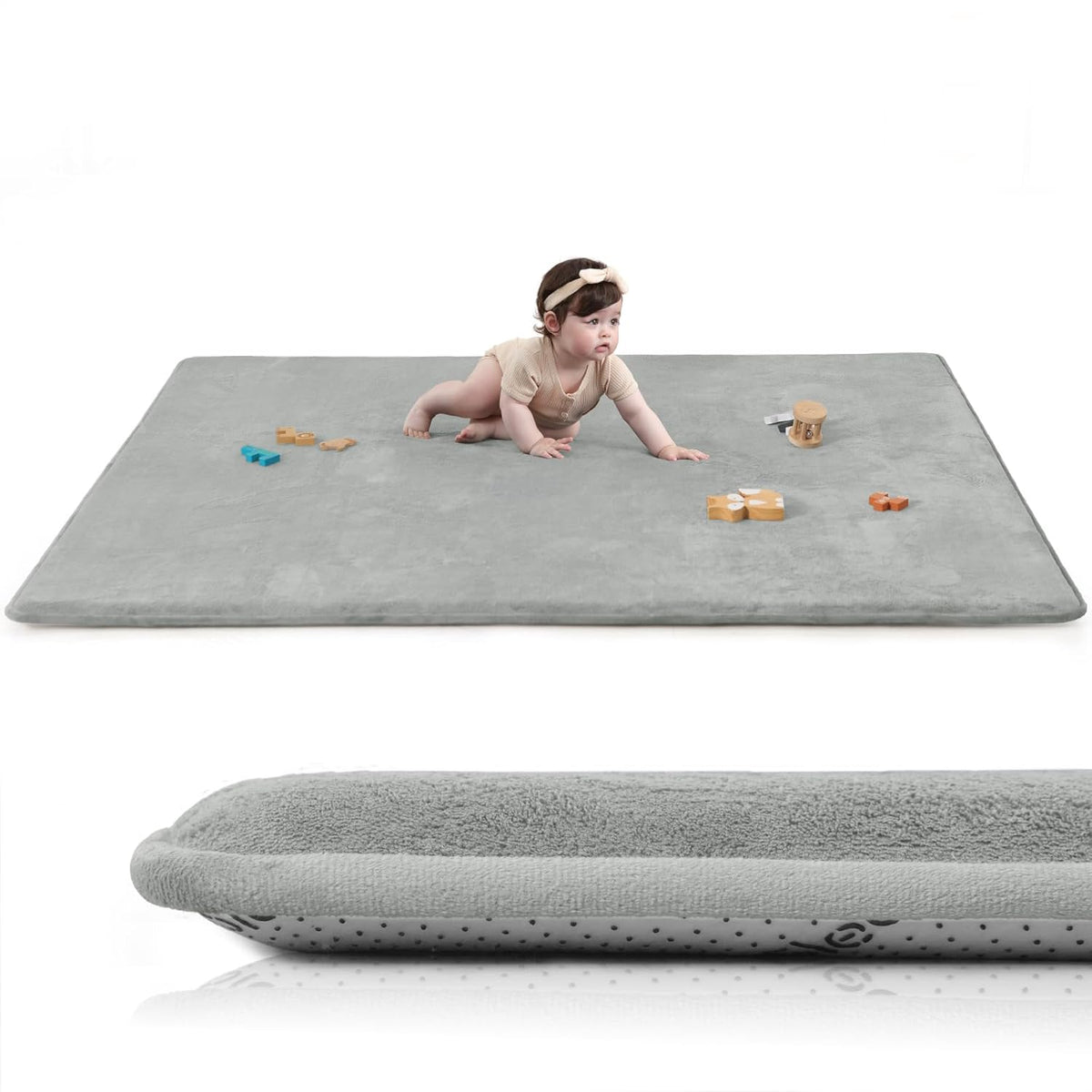 Baby Play Mat for Floor,1.3" Thick Elasti-Foam 50"×74" Playpen Mat for Tummy Time,Water Repellent Soft Coral Velvet for Toddler,Infant,Kids,Non-Slip Backing Safe for Crawling(Light Grey)