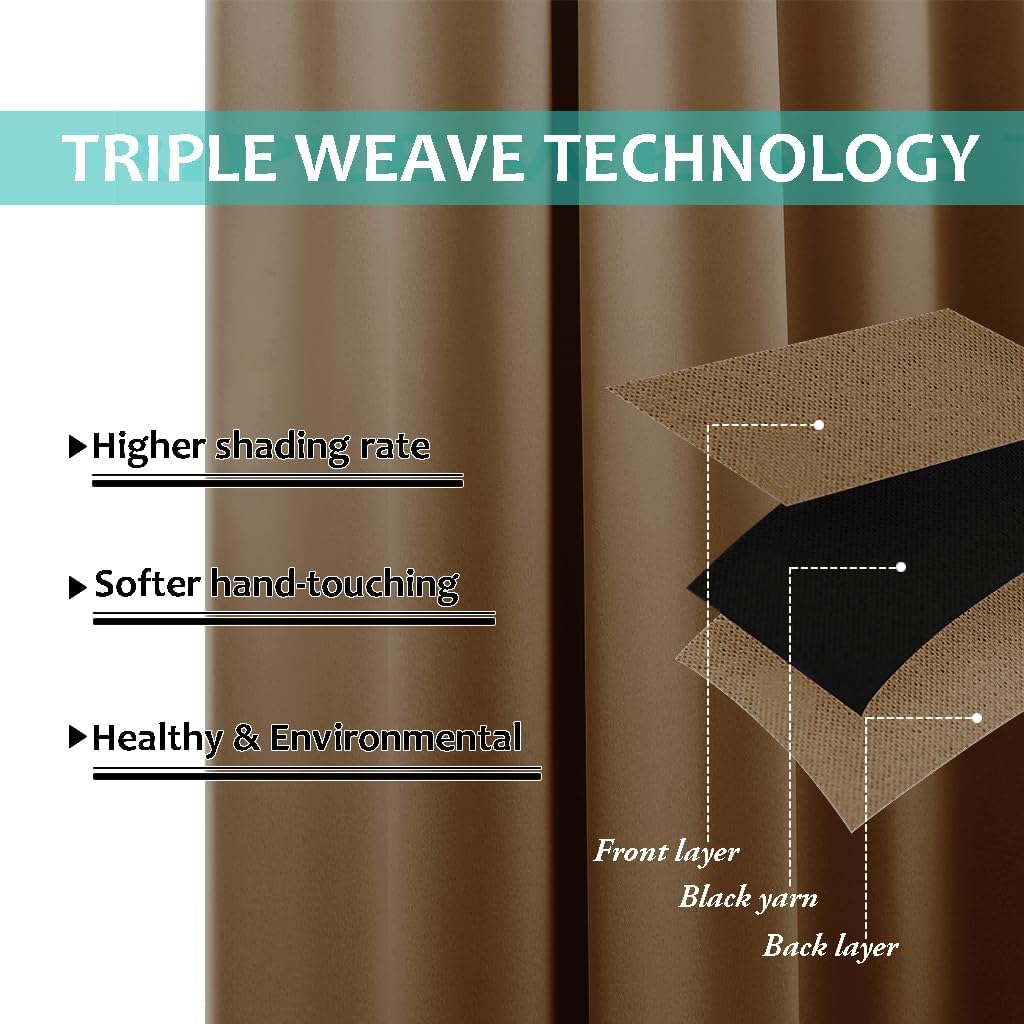 NICETOWN 100% Blackout Curtains for Windows, Pack of 2, Gold Brown, 52" W x 102" L, Super Heavy-Duty Black Lined Total Darkness Drapes for Bedroom, Privacy Assured Window Treatment for Patio