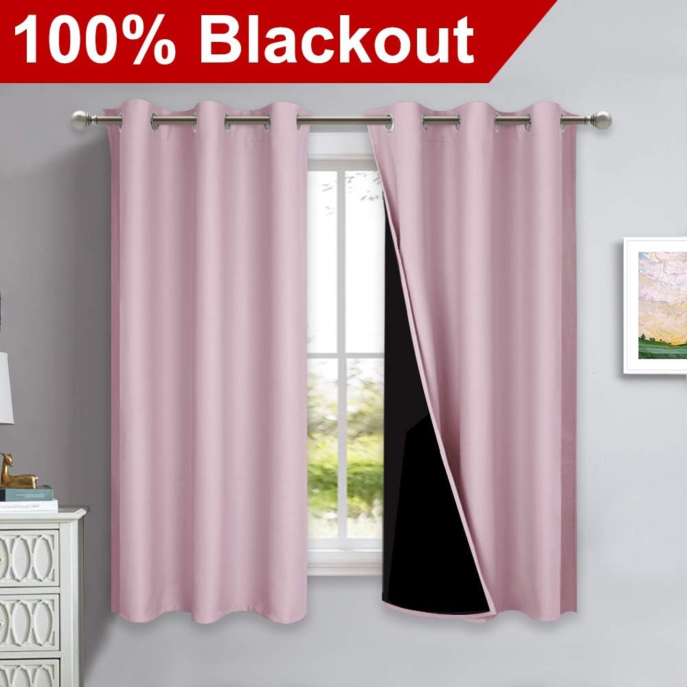 NICETOWN 100% Blackout Curtains 54 inches Long, Lavender Pink, 1 Pair, 42 inches Width Each Panel, 2 Thick Layers Completely Blackout Window Treatment Thermal Insulated Lined Drapes for Small Window