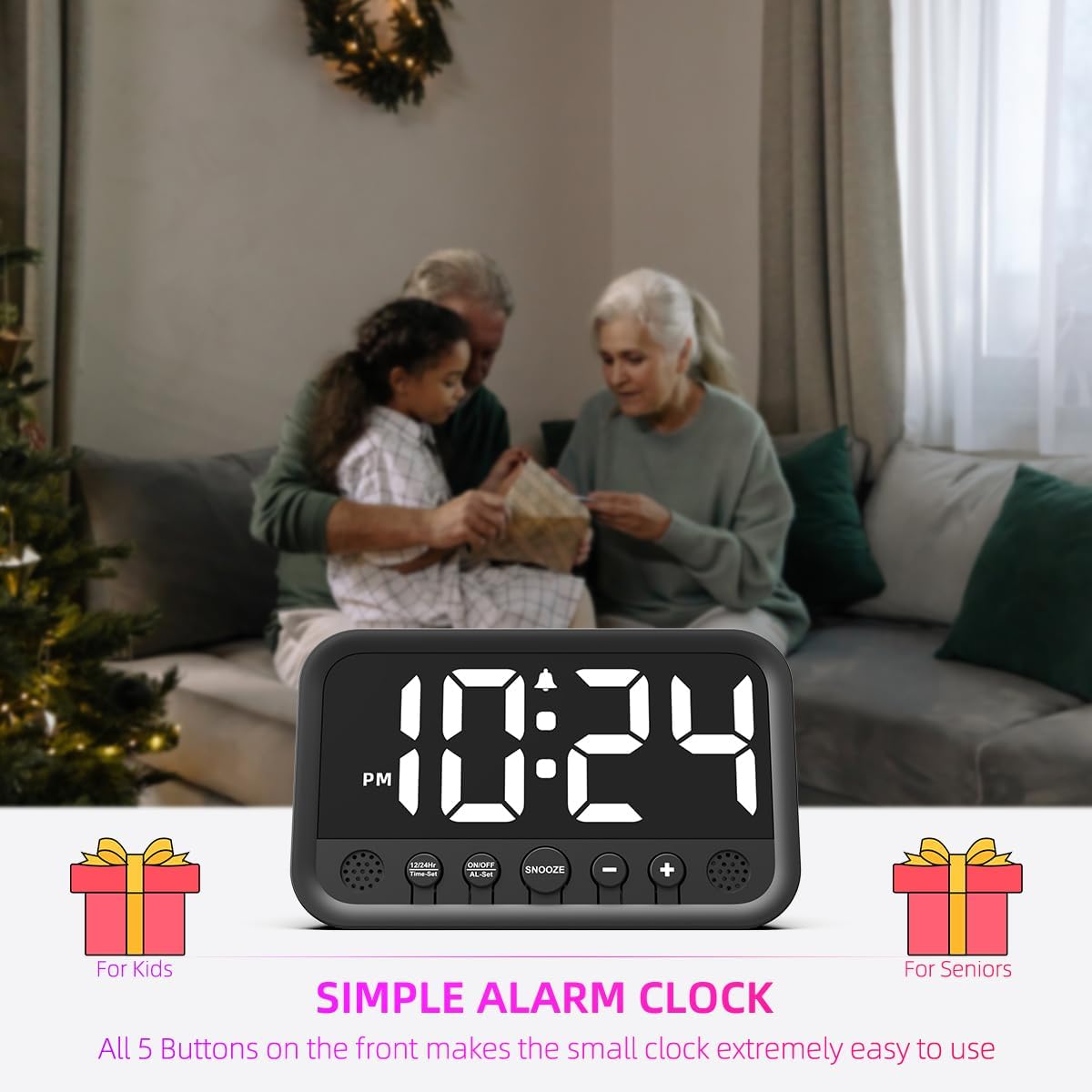 Small LED Digital Clock for Bedroom, Loud Alarm Clock for Heavy Sleepers Adults, Teens | Plug-In Electric Desk Clock | Simple Bedside Nightstand Clock with Adjustable Volume/Brightness/Snooze – White