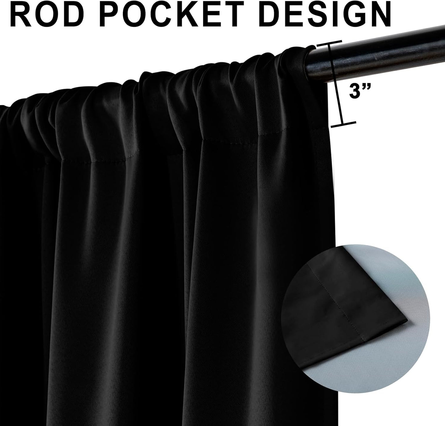 XWZO Full Shading Blackout Curtains 72 Inches Length - Heat and Light Blocking Rod Pocket Window Drapes with Black Liner Backing for Bedroom Sewn with Tiebacks, Black, W52 x L72, Set of 2