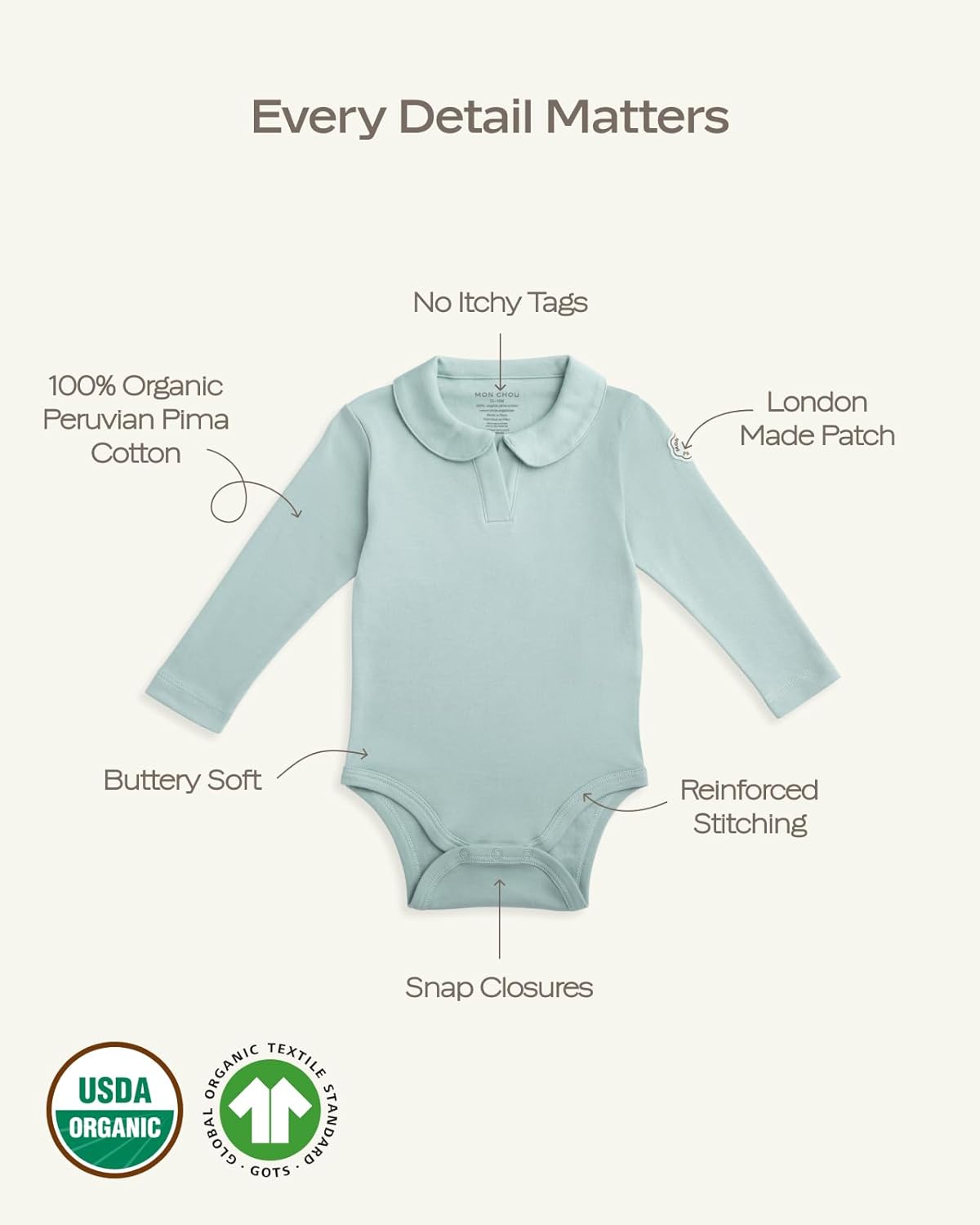MON CHOU Premium Long Sleeve Bodysuit - Luxuriously Soft, 100% Pima Cotton Baby Bodysuit with Collar - Organic Cotton Baby Clothes (Bloom, 12-18 Months)