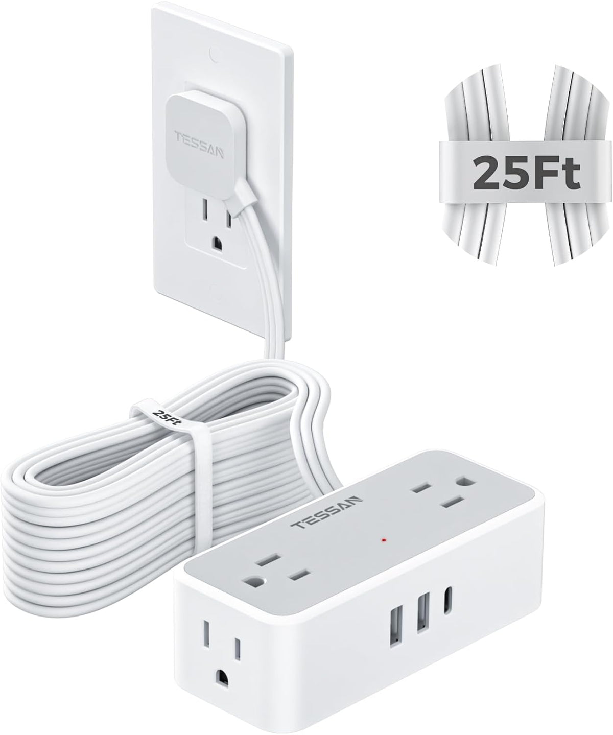 Flat Plug Extension Cord 25 ft, TESSAN Surge Protector Power Strip with 4 AC Outlets 1 USB C and 2 USB A Ports, 900 Joules Protection, Multiple Wall Outlet Extender for Home Office Dorm Essentials