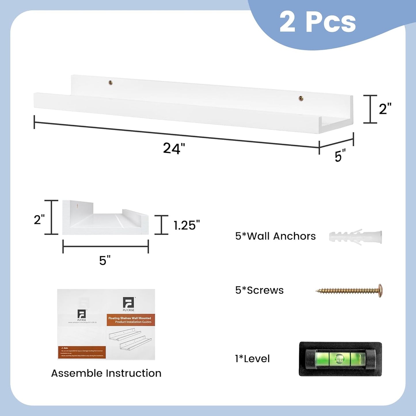 Picture Ledge Shelf for Wall, 24 inch Solid Pine Wood Nursery Book Shelves 2 Packs, Floating Ledge Shelves for Kids' Room Bedroom Bathroom Living Room Photo Frames Office Nursey Wall Decor, White