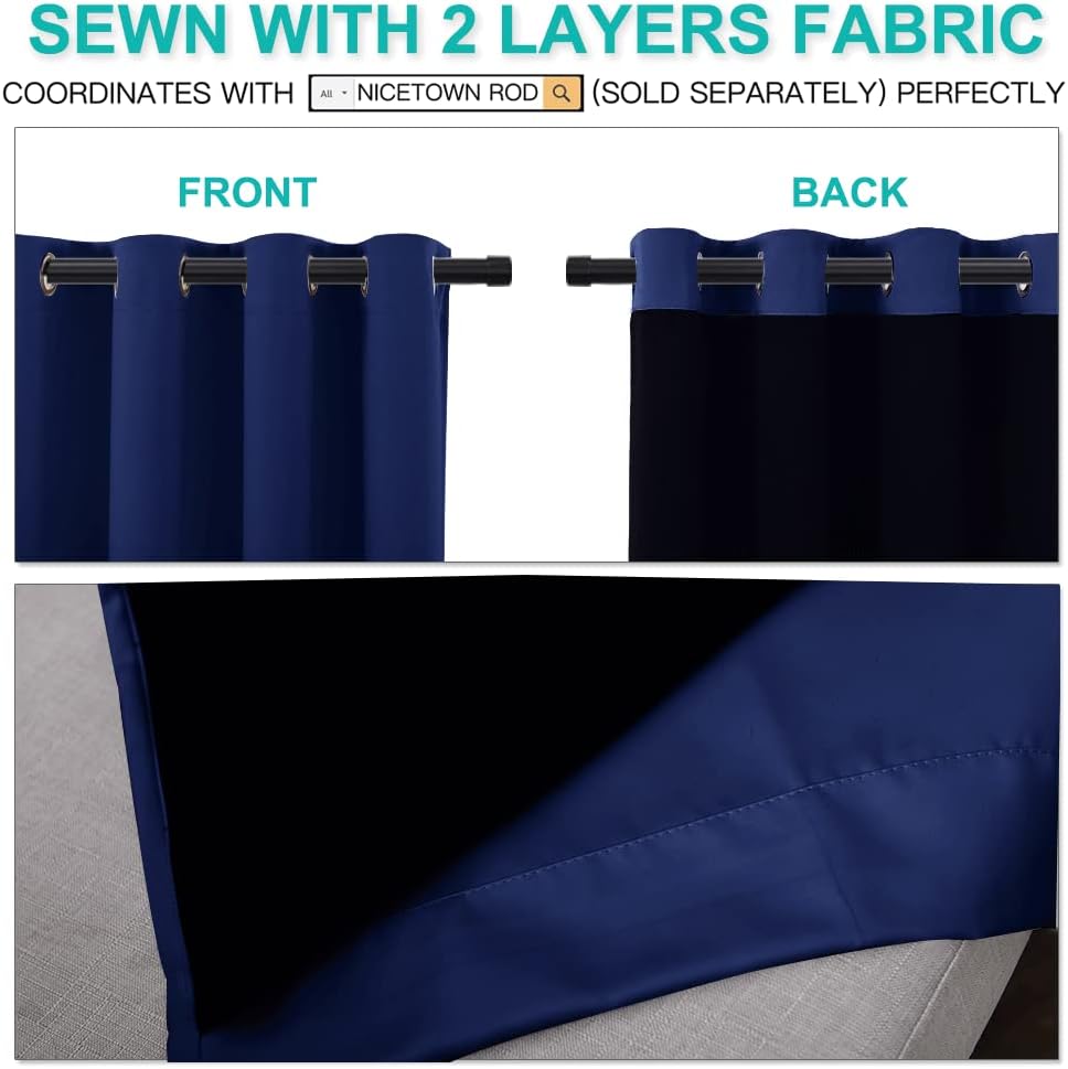 NICETOWN 100% Blackout Curtain Set, Thermal Insulated & Energy Efficiency Window Draperies for Guest Room, Full Shading Panels for Shift Worker and Light Sleepers, Royal Blue, 52W x 84L, 2 PCs