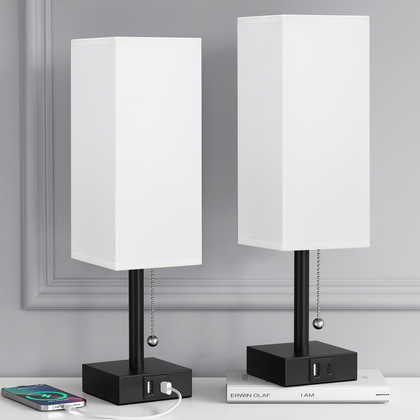 Bedside Table Lamps Set of 2 - Small White Bedroom Lamps with 3 Color Temperatures (3000K/5000K/4000K), Square Nightstand Lamp with USB C + A Charging Ports, Pull Chain Night Light