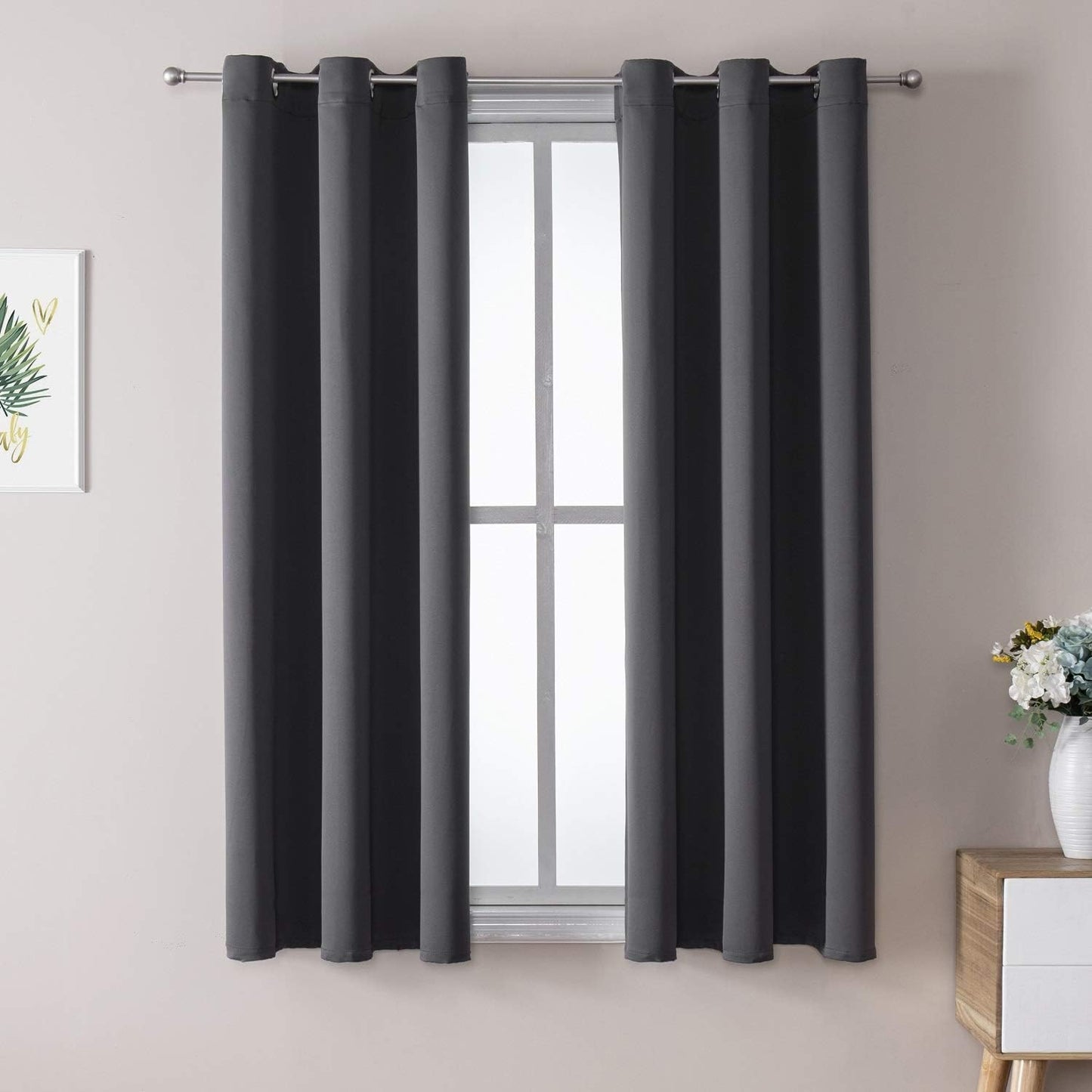 ChrisDowa Small Window Curtains 50 inches Long for Bedroom - Grommet Short Thermal Insulated Room Darkening Curtains for Kitchen (2 Panels, Dark Grey, 29 x 50 Inch)