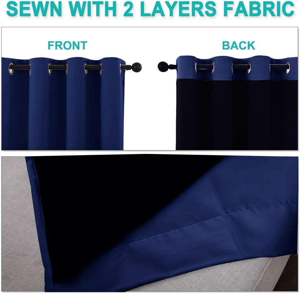 NICETOWN 100% Blackout Curtains with Black Liner Backing, Royal Blue, 37 inches x 60 inches Per Panel, Set of 2, Thermal Insulated Curtains for Living Room, Noise Reducing Drapes