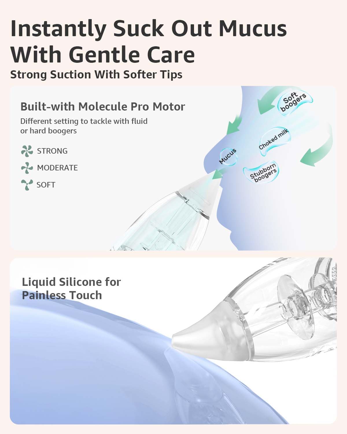 GROWNSY Nasal Aspirator for Baby with 2 Larger Suction Chambers and 6 Food-Grade Soft Silicone Tips, Grey