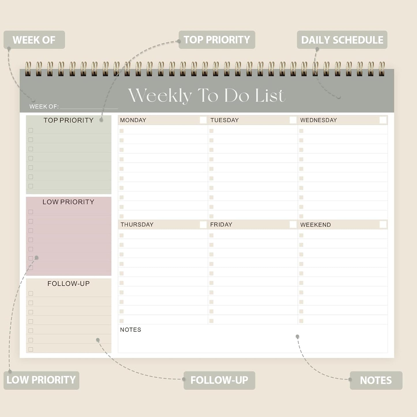 Weekly To Do List Notepad, Undated Planner with 52 Sheets (8.5''x11''), Desk Weekly Planner for Women & Man, Home School & Work (A-Green)