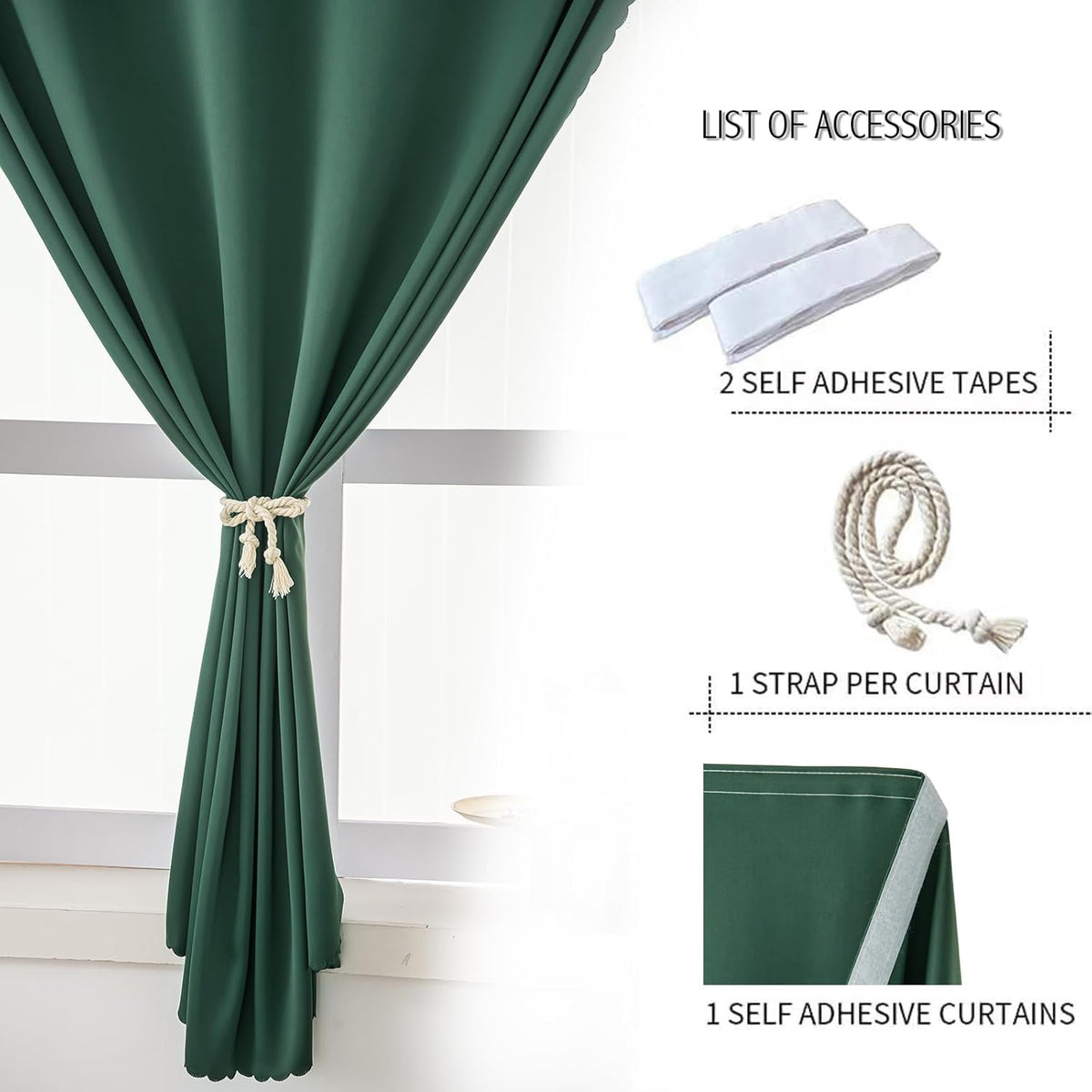 Blackout Curtains for Bedroom Stick On Curtains Window Shades Pull Down Blackout Window Cover No Drillng Self Adhesive Curtains No Rod Small Curtain, 59" W X 59" L, Dark Green, 1 Panel