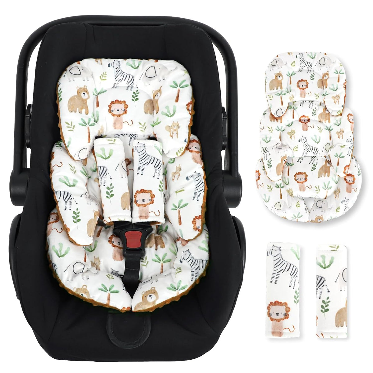 Infant Car Seat Insert Cushion, Baby Car Seat Head Body Support for Girls & Boys, Reversible Newborn Car Seat Insert with 2 Extra Strap Paddings, Premature Car Seat Cushion, Animal
