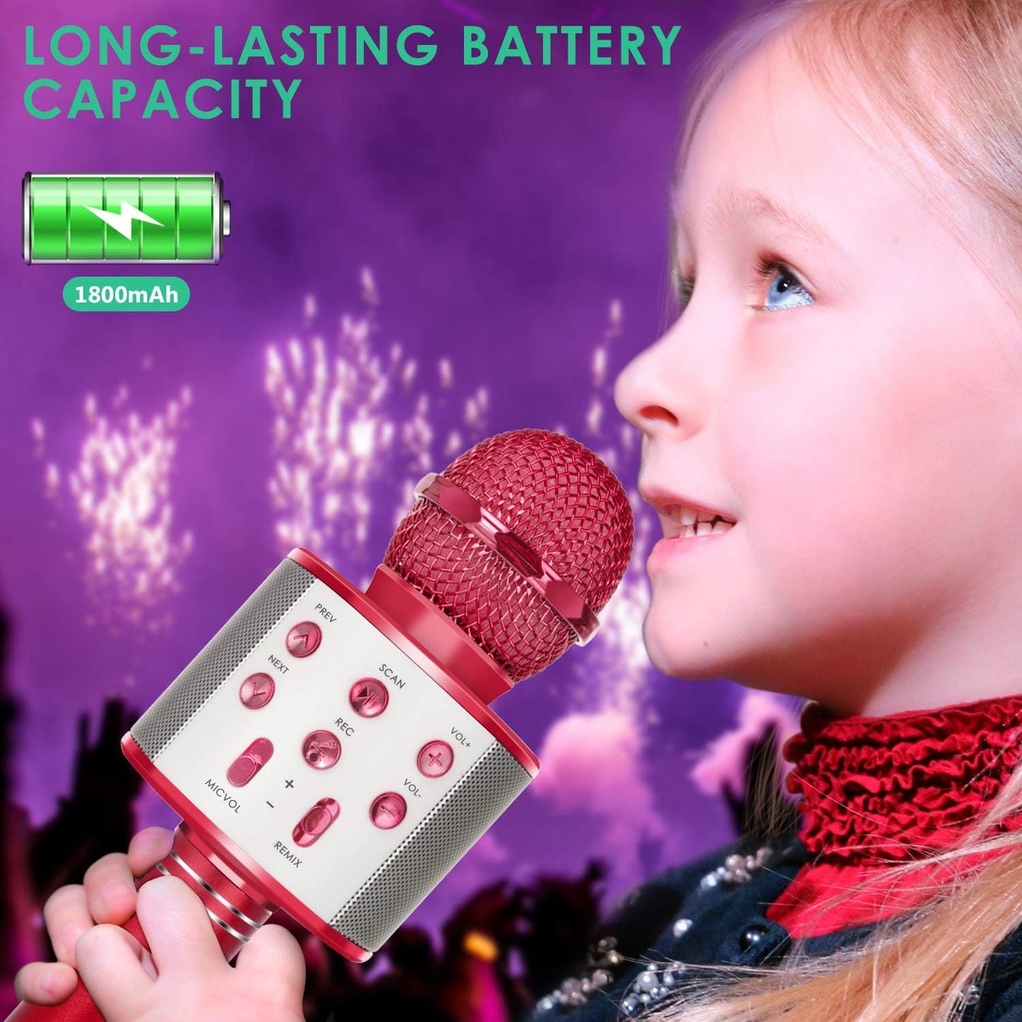KIDWILL Wireless Bluetooth Karaoke Microphone for Kids, 5-in-1 Portable Handheld Karaoke Mic Speaker Player Recorder with Adjustable Remix FM Radio for Kids Girls Boys Teens Birthday (Red)