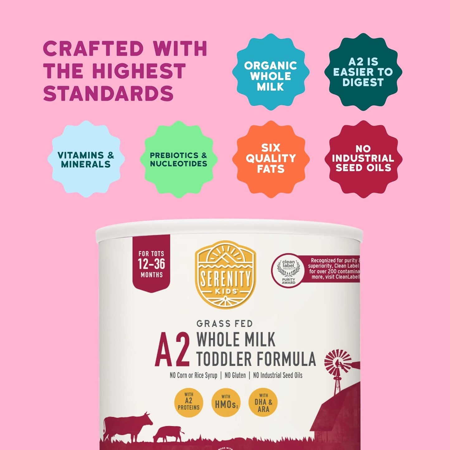 Serenity Kids 12-36 Months A2 Whole Milk Toddler Formula Powder - Organic Grass-Fed Milk Powder with Prebiotics & DHA & ARA for Brain & Eye Support - Clean Label Purity Award Certified - 21 Oz, 1 Pack