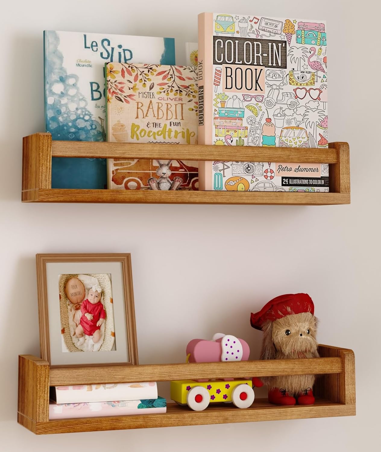 Heimlove Nursery Floating Shelves, Nursery Book Shelves for Wall, 16 inch Wall Bookshelf for Kids Solid Wood Wall Mounted Shelves for Books,Toys and Decor Storage, Set of 2