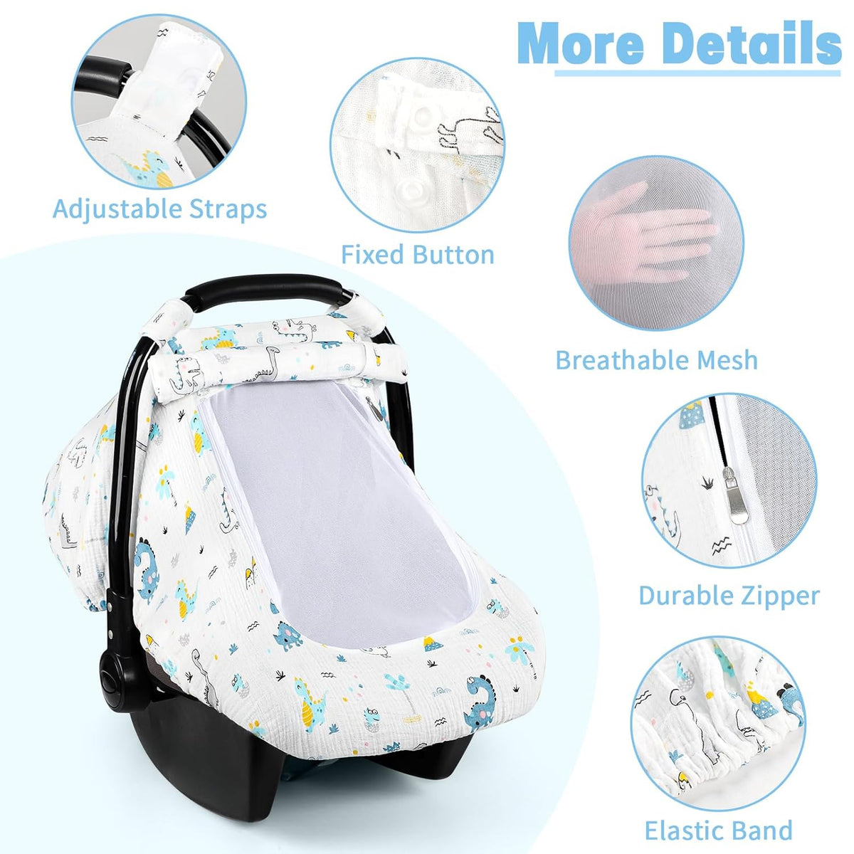 Car Seat Cover Baby, HNHUAMING Muslin Cotton Carseat Covers for Babies Girls Boys Summer Infant Car Seat Covers Canopy, Cozy Newborn Carseat Covers Stroller Cover with Breathable Mesh Window, Dinosaur