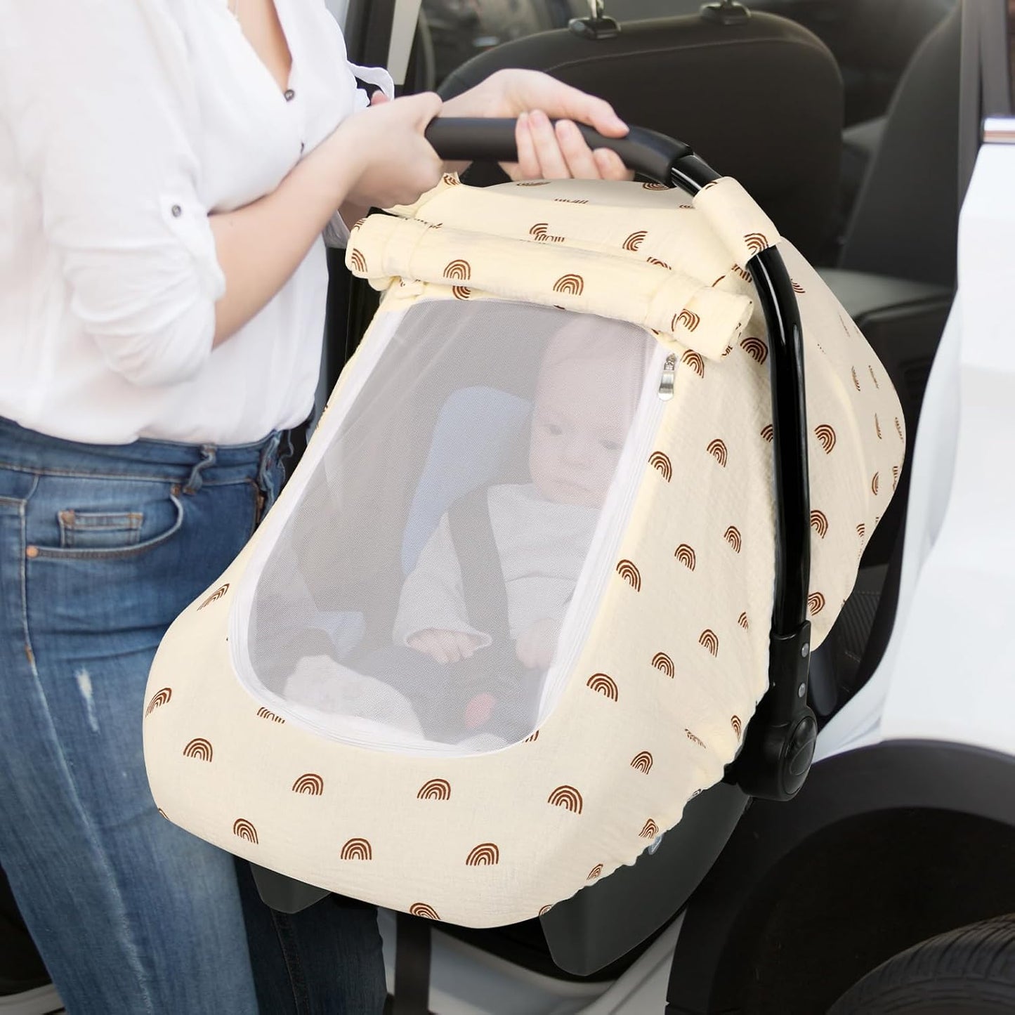 Hooyax Muslin Car Seat Cover Baby - Breathable and Privacy Car Seat Canopy with 3 Modes - Easy Install & Gift Box Packaging, Universal Fit for Infant Car Seats, Rainbow