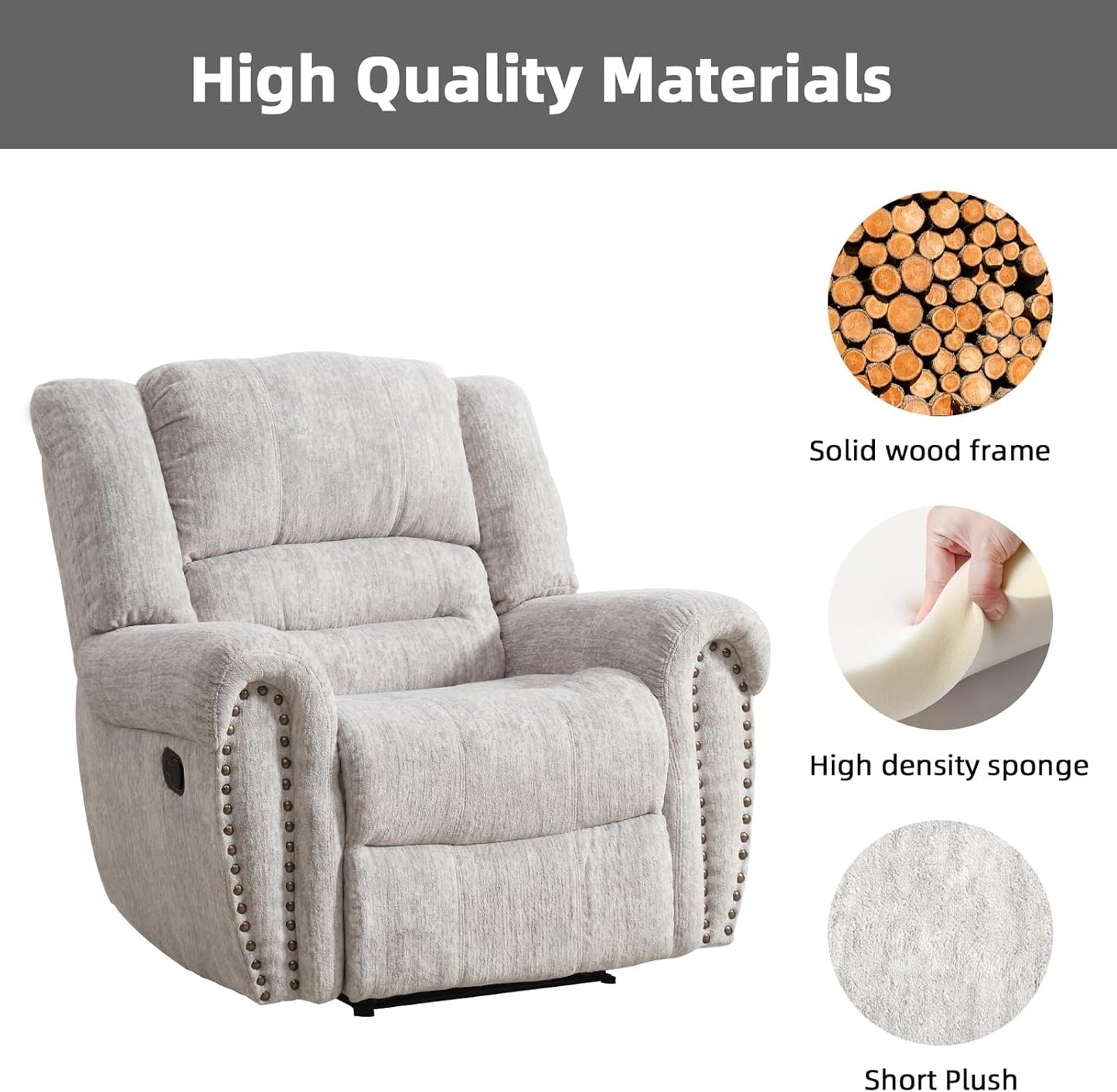 CANMOV Manual Recliner Chair, Classic and Traditional Manual Recliner Chair with Comfortable Arms and Back Single Sofa for Living Room, White Grey