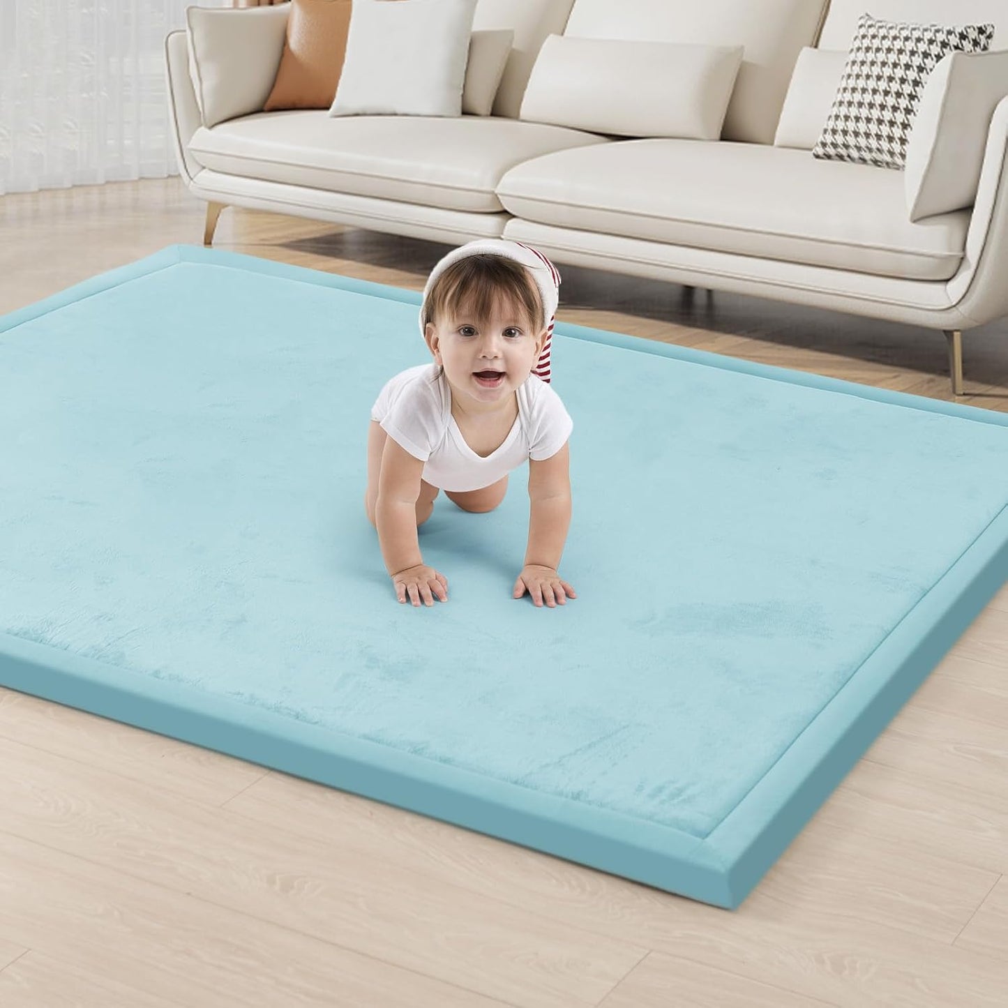 ACOMOPACK Baby Play Mat for Floor 1.3" Thick Memory Foam Play Mats 71"×79" Tummy Time Crawling with Non-Slip Bottom for Living Room,Nursery,Soft Velvet Playpen for Kids,Infants（Light Blue）