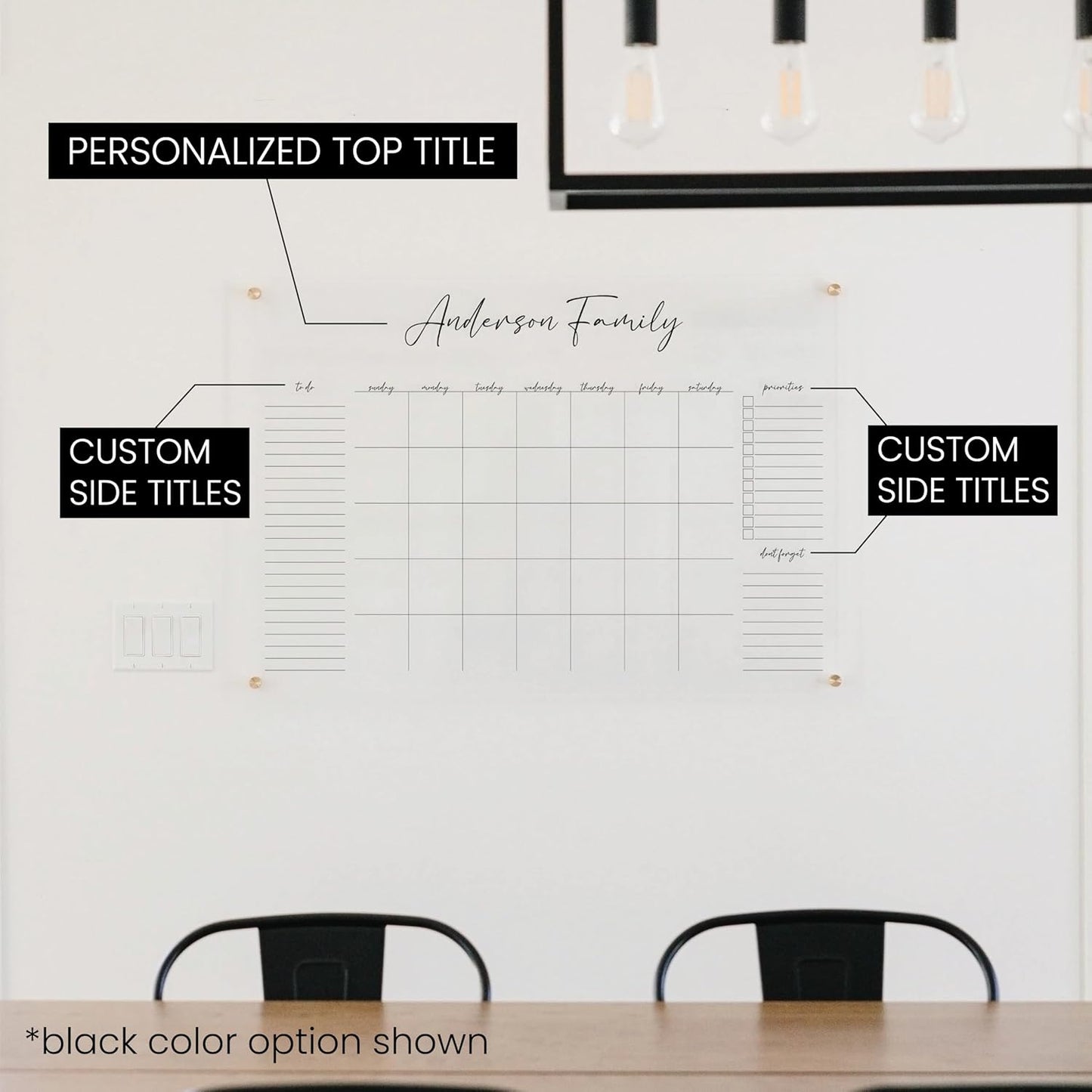 Personalized Clear Acrylic Calendar for Wall, Calendar Whiteboard for Wall, Dry Erase Wall Calendar, Wall Calendar Organizer System for Home (Cursive, White, 31"W x 23"H)