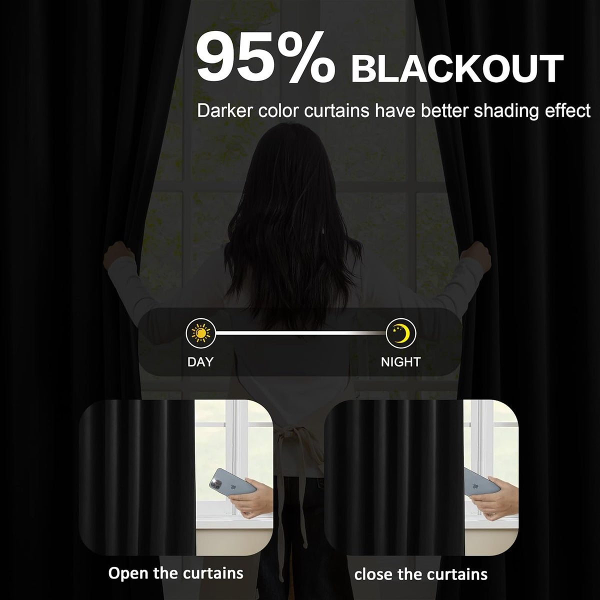 KEQIAOSUOCAI 72 Inch Wide Black Pinch Pleated Curtains 72 x 95, Thermal Insulated Noise Cancelling Living Room Office Drapes 95 Inches Long, Patio Sliding Glass Door Window Curtain 2 Panels