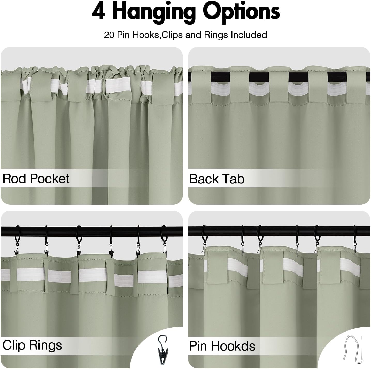 ANRODUO Back Tab Blackout Curtains for Bedroom Living Room, Rod Pocket Pinch Pleated Thermal Insulated Room Darkening Curtains 36 Inches Long 2 Panels, Sage Green, 42 x 36 Inch