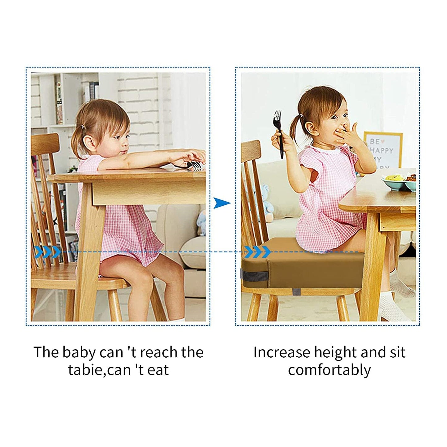 Toddler Booster Seat for Dining Table, PU Washable Double Safe Straps Non-Slip Bottom Booster Seat Dining Toddler, Portable Travel Increasing Cushion (Khaki)