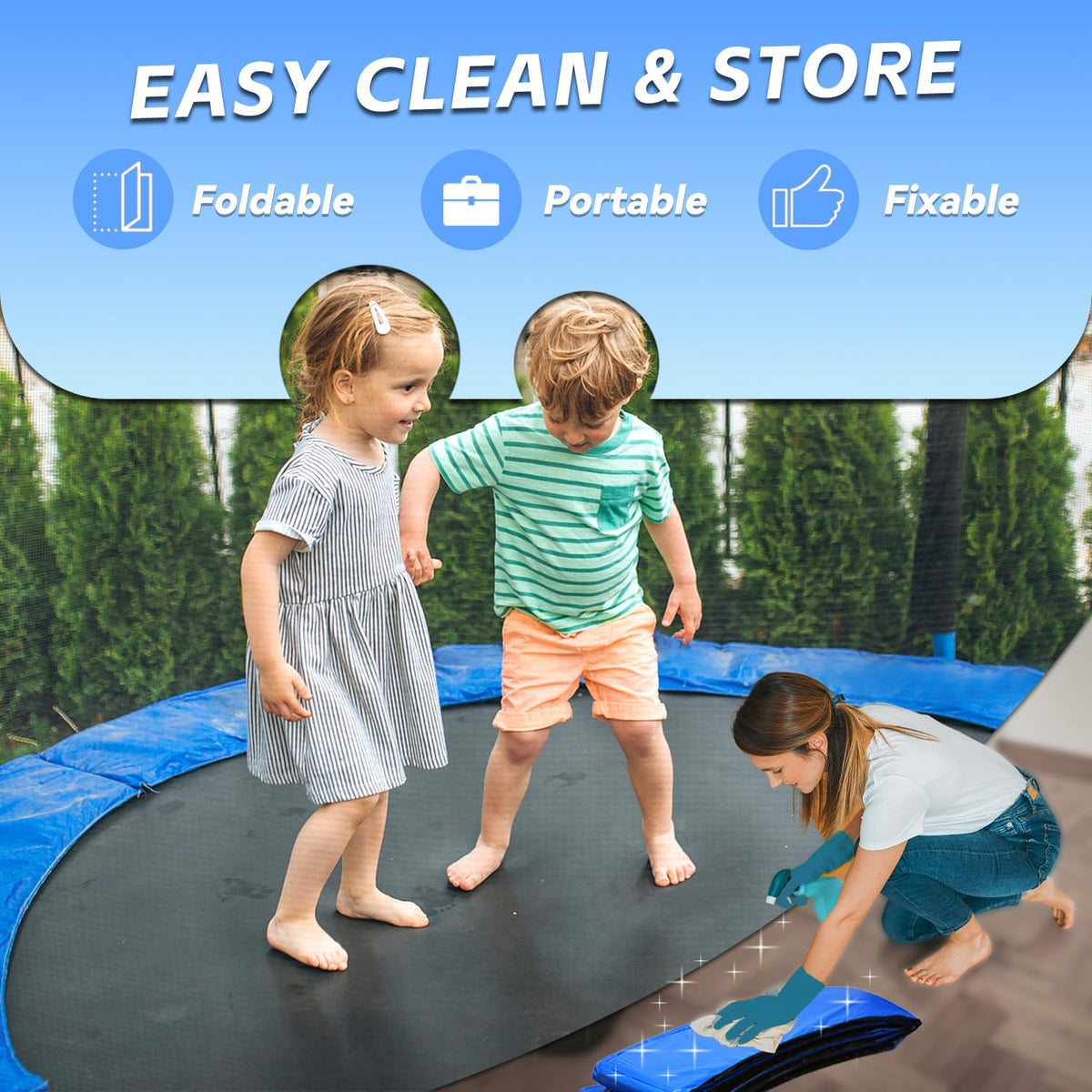 Trampoline Replacement Safety Pad, 8ft 10ft 12ft 14ft 15ft 16ft Trampoline Spring Cover with Foam Padding, No Holes for Poles, Round, Blue