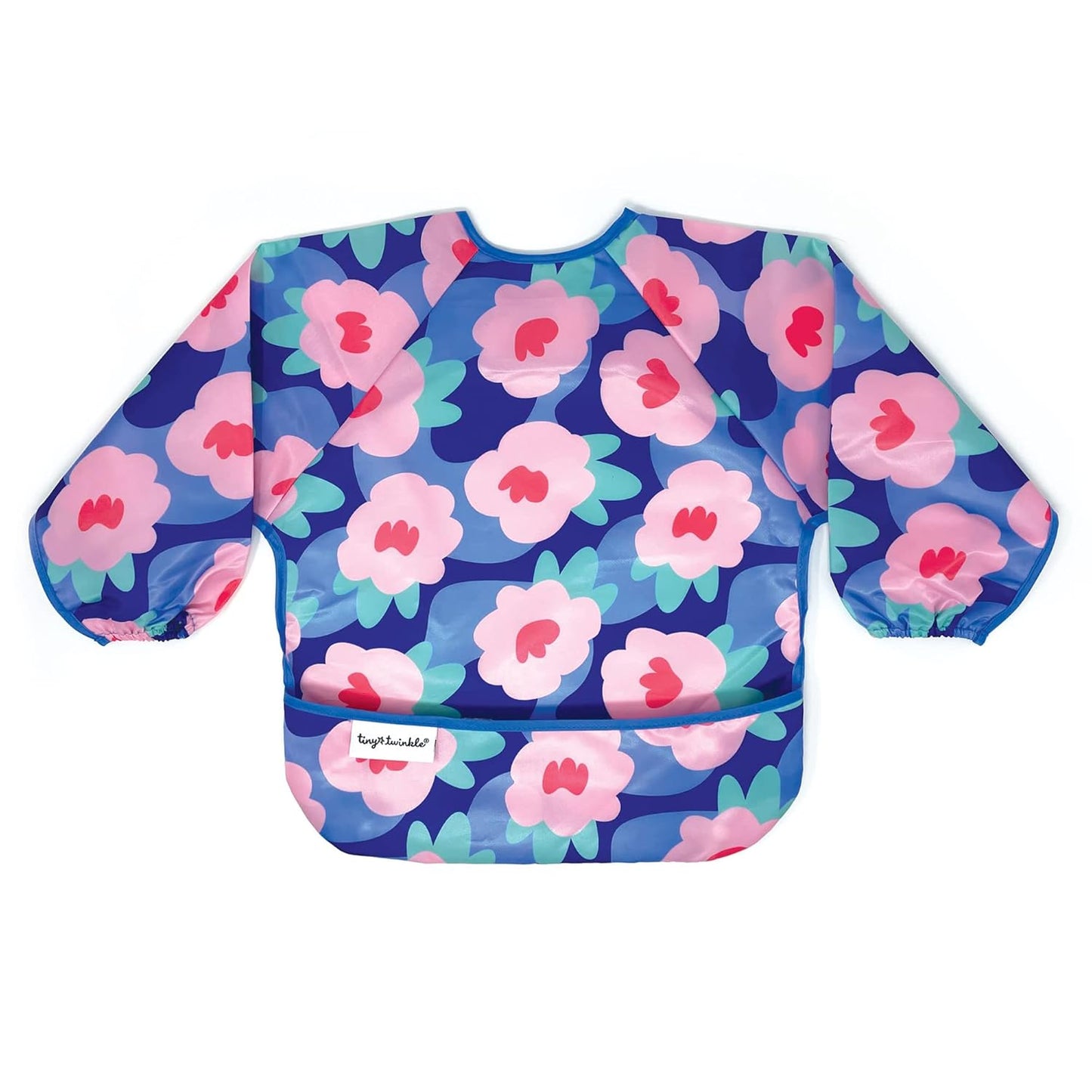 Tiny Twinkle Mess Proof Baby Bib,Waterproof Smock Baby Bib for Eating,Machine Washable Long Sleeve Bib,Baby Led Weaning,Toddler Bib,BLW Supplies(Floral Blue, Small 6-24 Months)