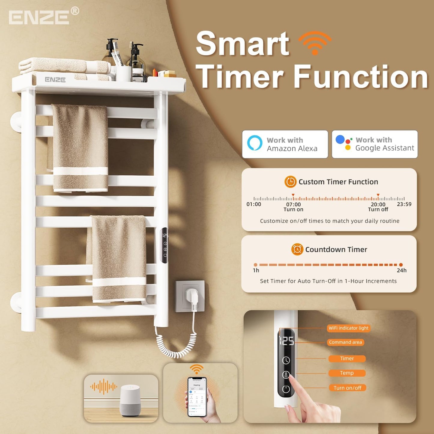 ENZE Heated Towel Rack with Shelf and Wi-Fi App Control, 8 Bars Electric Wall Mounted Towel Warmer with Timer & Adjustable Temperature, Low Carbon Steel, Plug-in/Hardwired, White