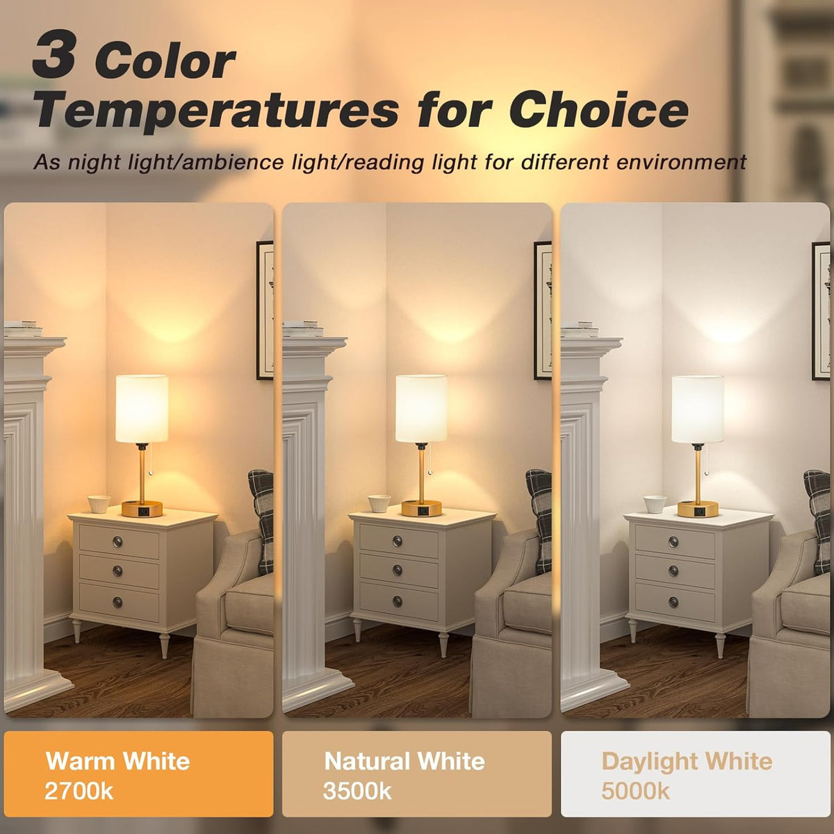 Dicoool Small Bedside Lamps 3 Color Modes - 2700K 3500K 5000K Bedroom Lamps with USB C and A Ports, Pull Chain Gold Table Lamps with AC Outlet, Nightstand Lamps with Gold Metal Base for Kids Reading