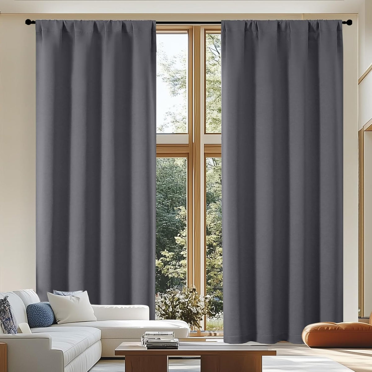 Simplebrand Ava Grey Blackout Curtains for Patio 108 Inches Long 2 Panels Set, Solid Thermal Insulated Room Darkening Rod Pocket Window Treatment Curtains Blackout Drapes, W50 x L108 Inch, Grey
