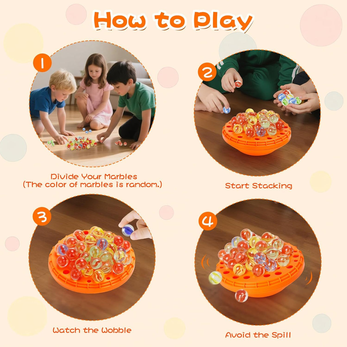 Marble Balance Game - 50 Colorful Marbles with Built-in Storage, Fun Family Challenge for 1-4 Players, Educational Toy for Kids & Adults, Perfect for Parties, Travel & Birthday Gifts (Pumpkin Orange)