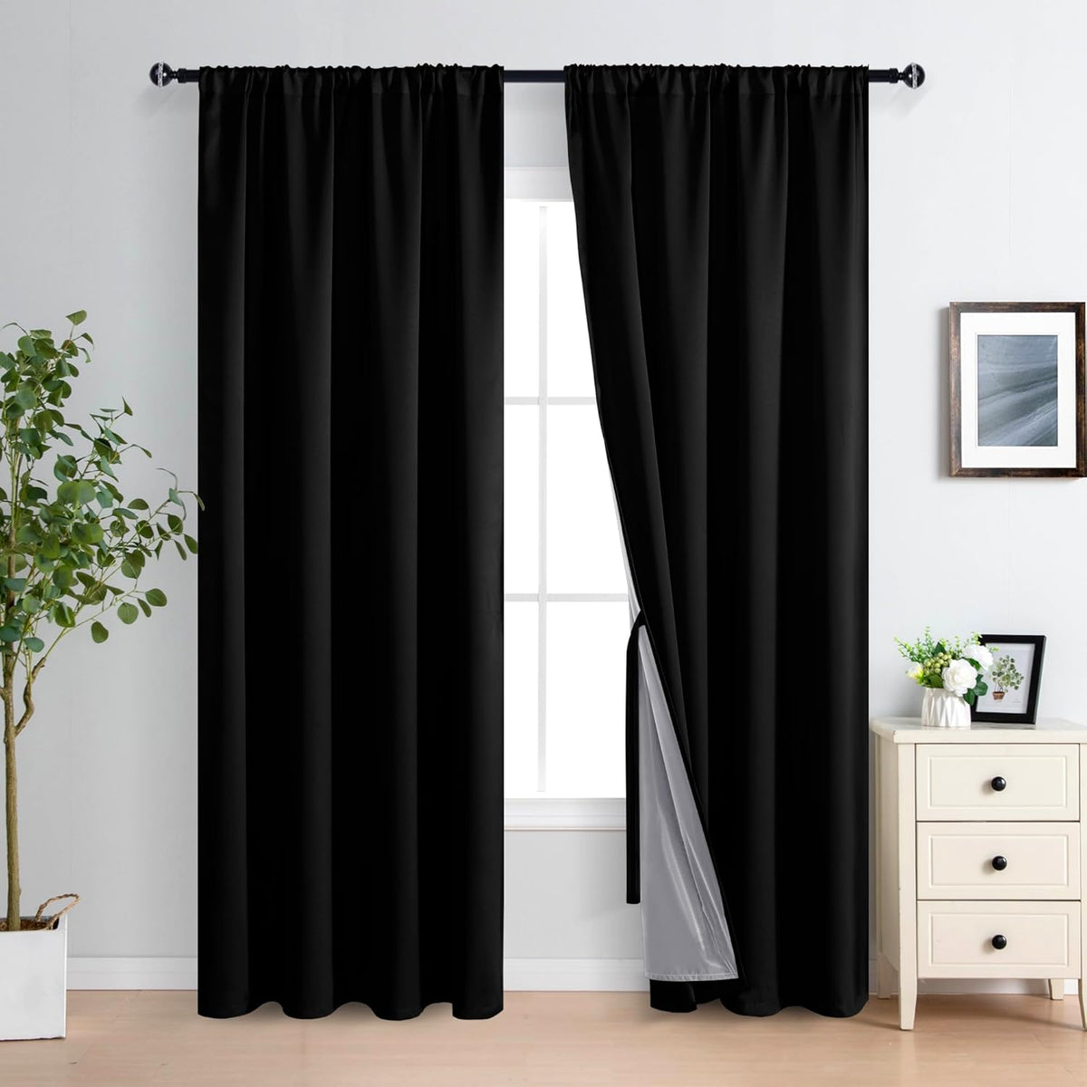 XWZO 100% Blackout Curtains 84 Inches Long with Tiebacks- Privacy Protection, Energy Efficiency Window Panels with Black Liner for Bedroom/Living Room, Rod Pocket, Black, W52 x L84, Set of 2