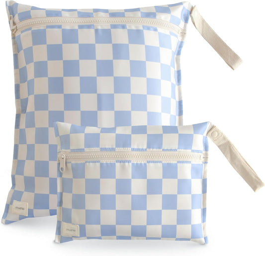 mushie Water Resistant Wet Bags | Large & Small Reusable Storage Bag for Baby Items and Travel | Zippered Pockets with Handle | Machine Washable, Set of 2 (Blue Check)