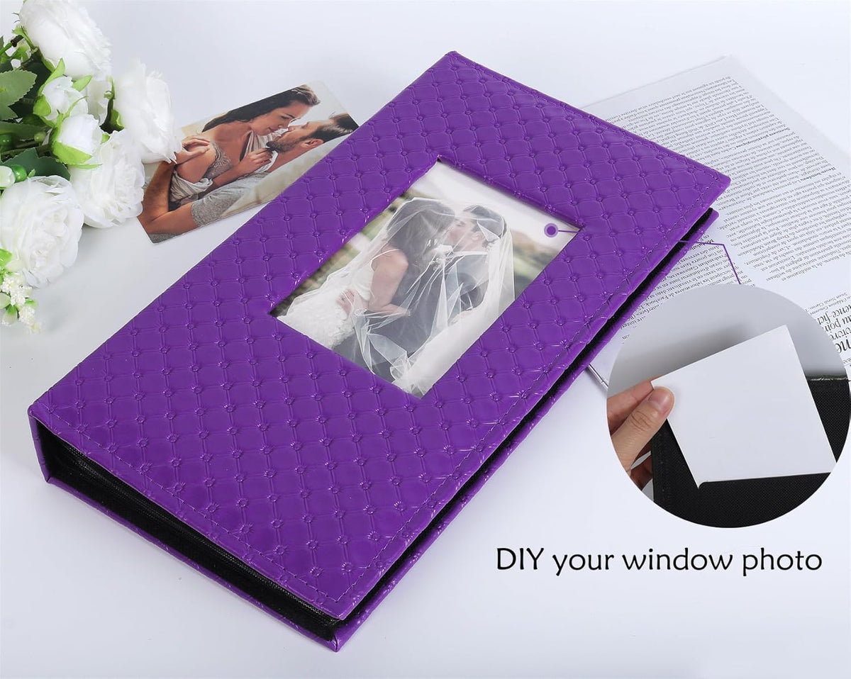 RECUTMS Photo Album for 4x6 300 Photos, 3 Per Pages Photo Picture Album PU Leather Button Grain Cover, Horizontal Photos Record Wedding Family Baby Anniversary Birthday Graduation Travel (Purple)