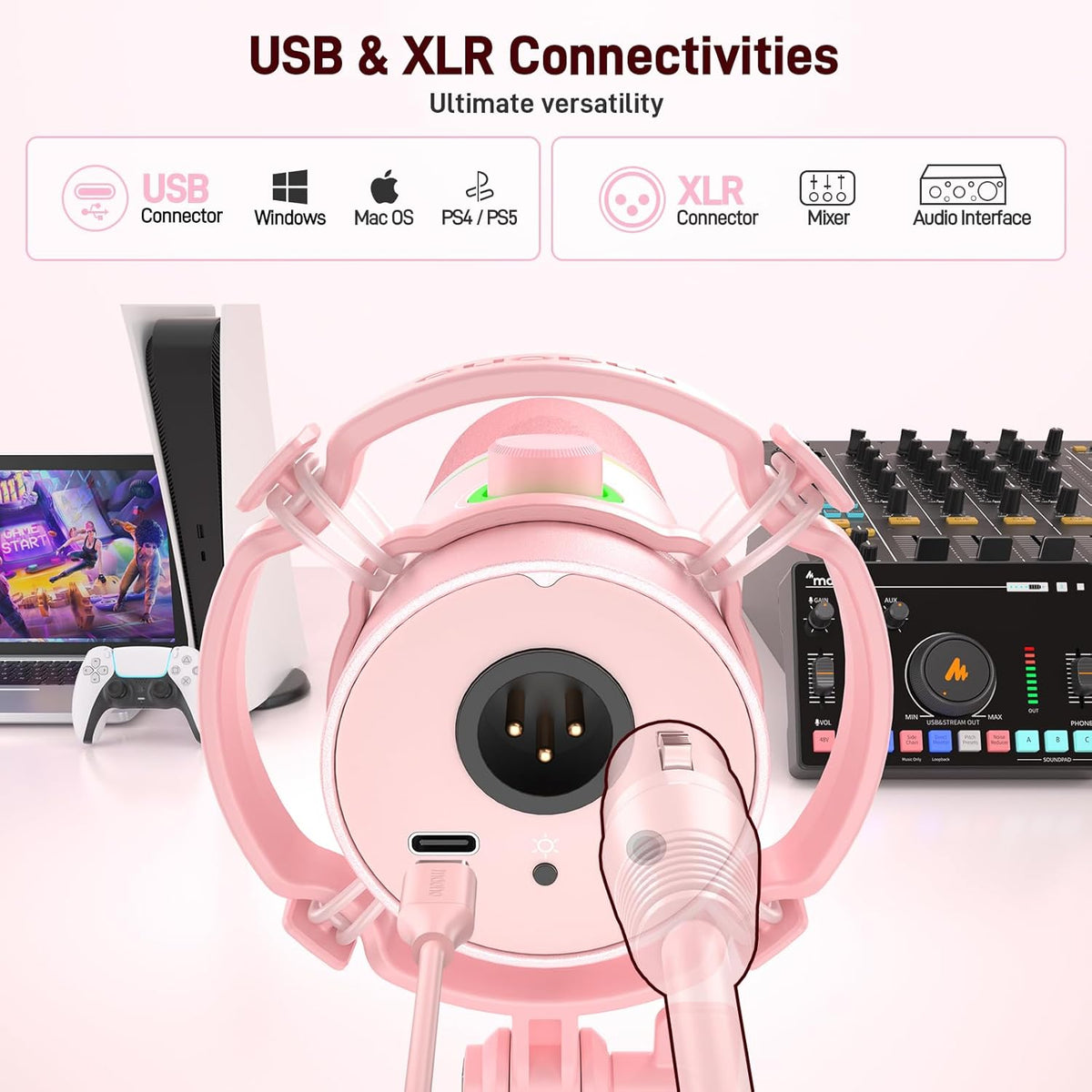 MAONO XLR/USB Dynamic Microphone Kit, RGB Gaming Mic with Software, Mute, Gain Knob, Volume Control, Boom Arm for Streaming, Podcasting, Voice-Over, Recording-PD200XS Pink