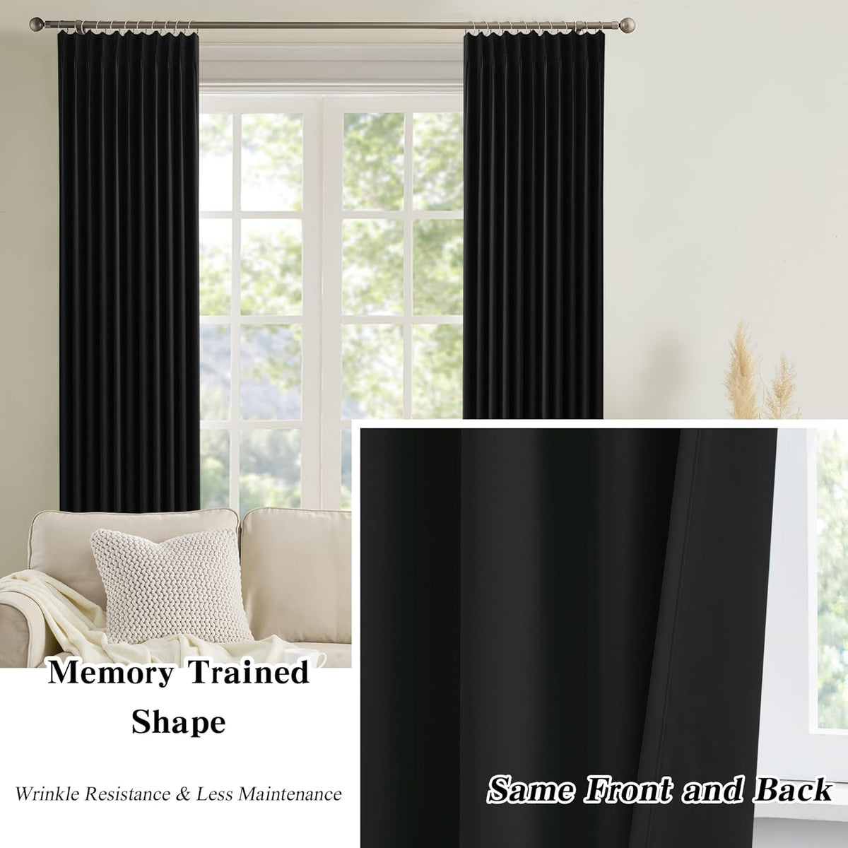 KEQIAOSUOCAI Black Pinch Pleated 60 Inch Wide Curtains 60 x 95, Thermal Insulated Noise Cancelling Living Room Office Drapes 95 Inches Long, Patio Sliding Glass Door Window Curtain 2 Panels