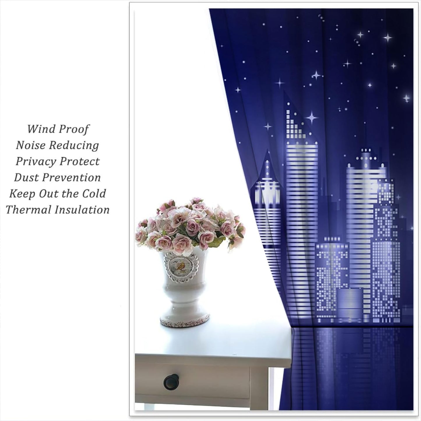 City Rod Pocket Blackout Curtains for Boy Girl Bedroom, New York Skyline Modern City Starry Sky Night View Thermal Insulated Home Window Drapes for Living Room Darkening, 42x45 inch