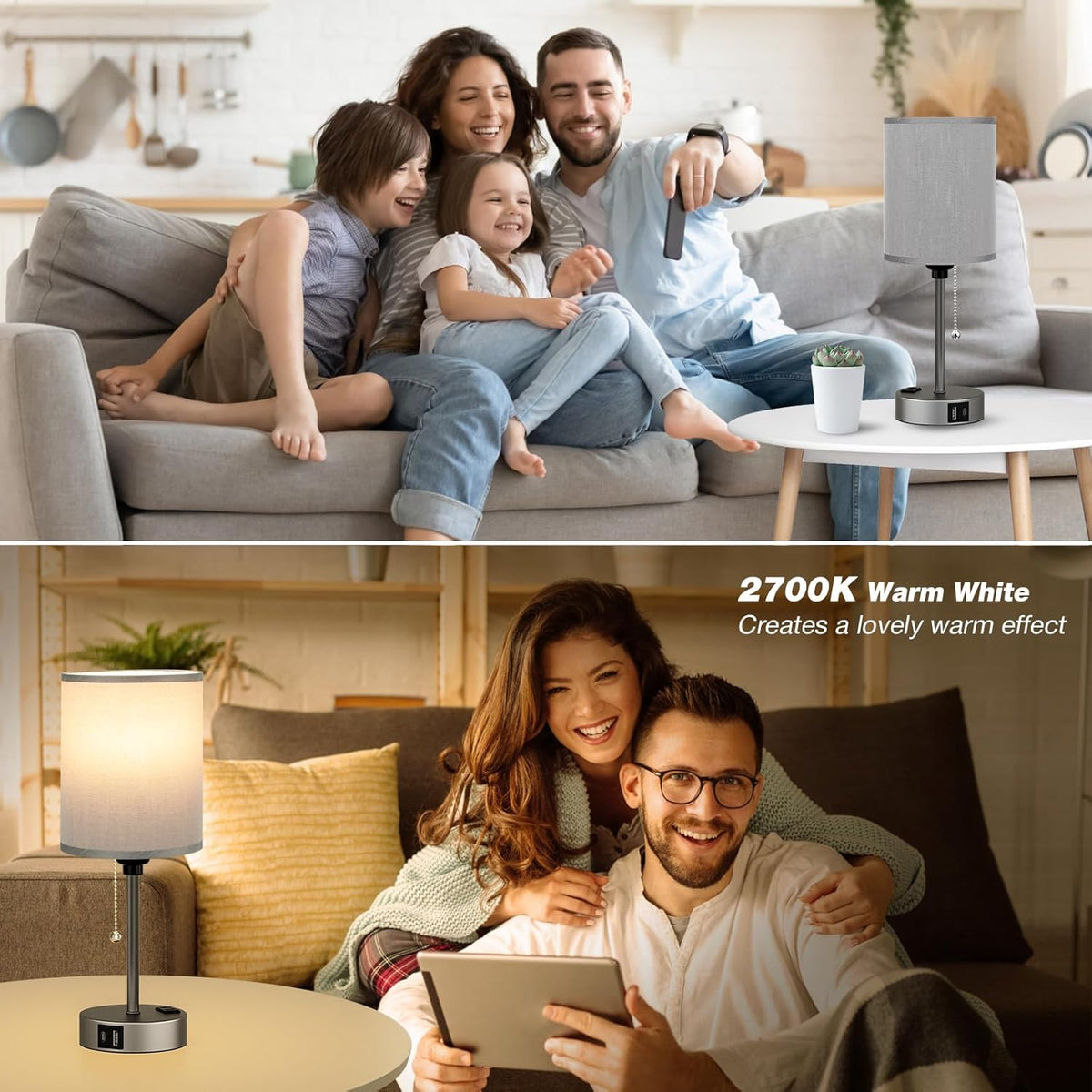 Small Bedside Table lamp for Bedroom - 3 Color Temperatures Bedside Lamps with USB Ports for Housewarming, Pull Chain Table Lamps with AC Outlet, Nightstand Lamps for Kids Reading
