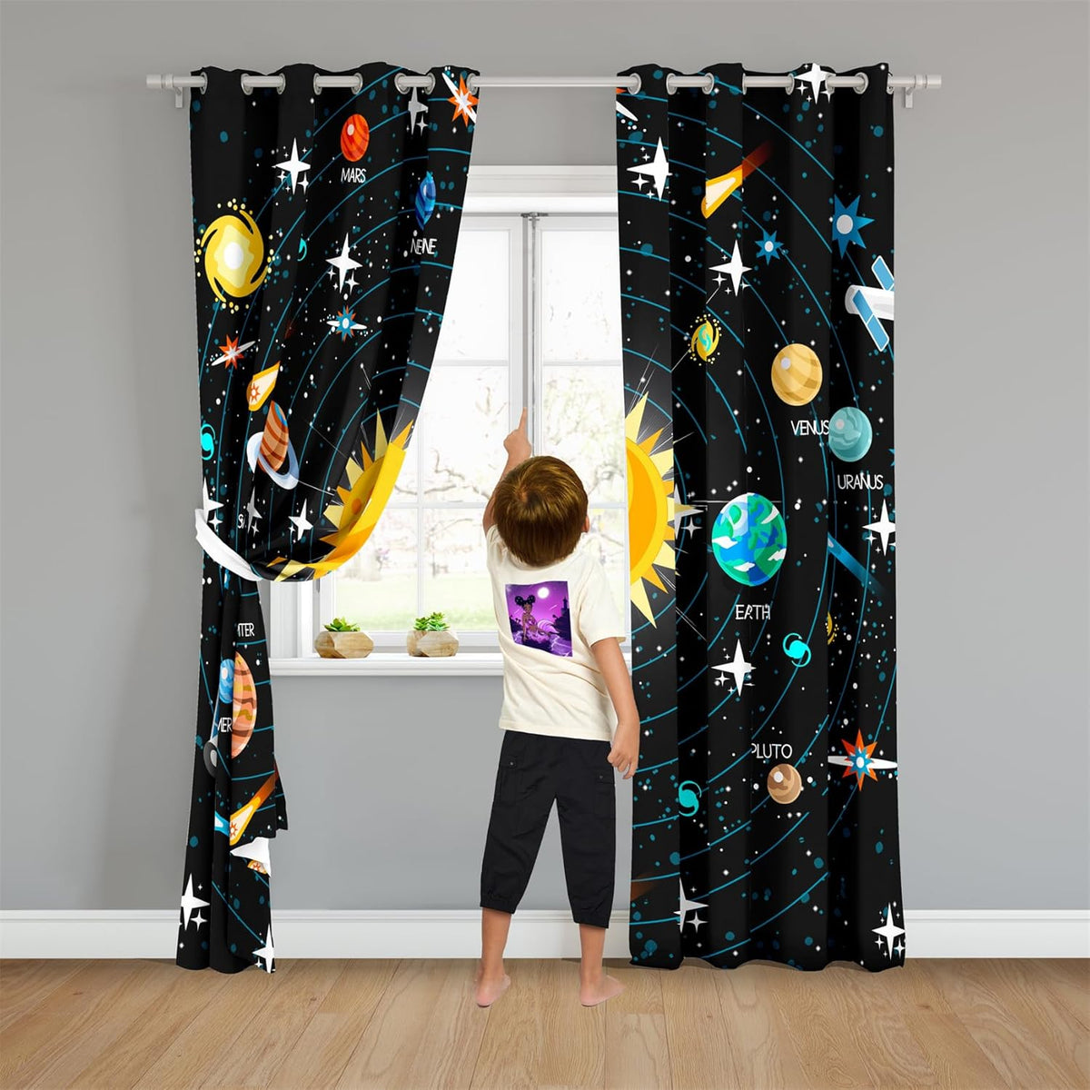 Outer Space Curtains for Boys - 2Pcs Solar System Print Curtain Panels for Boys Bedroom Planets Galaxy 95% Blackout Grommet Top Window Drapes for Living Room, 82" x 84"
