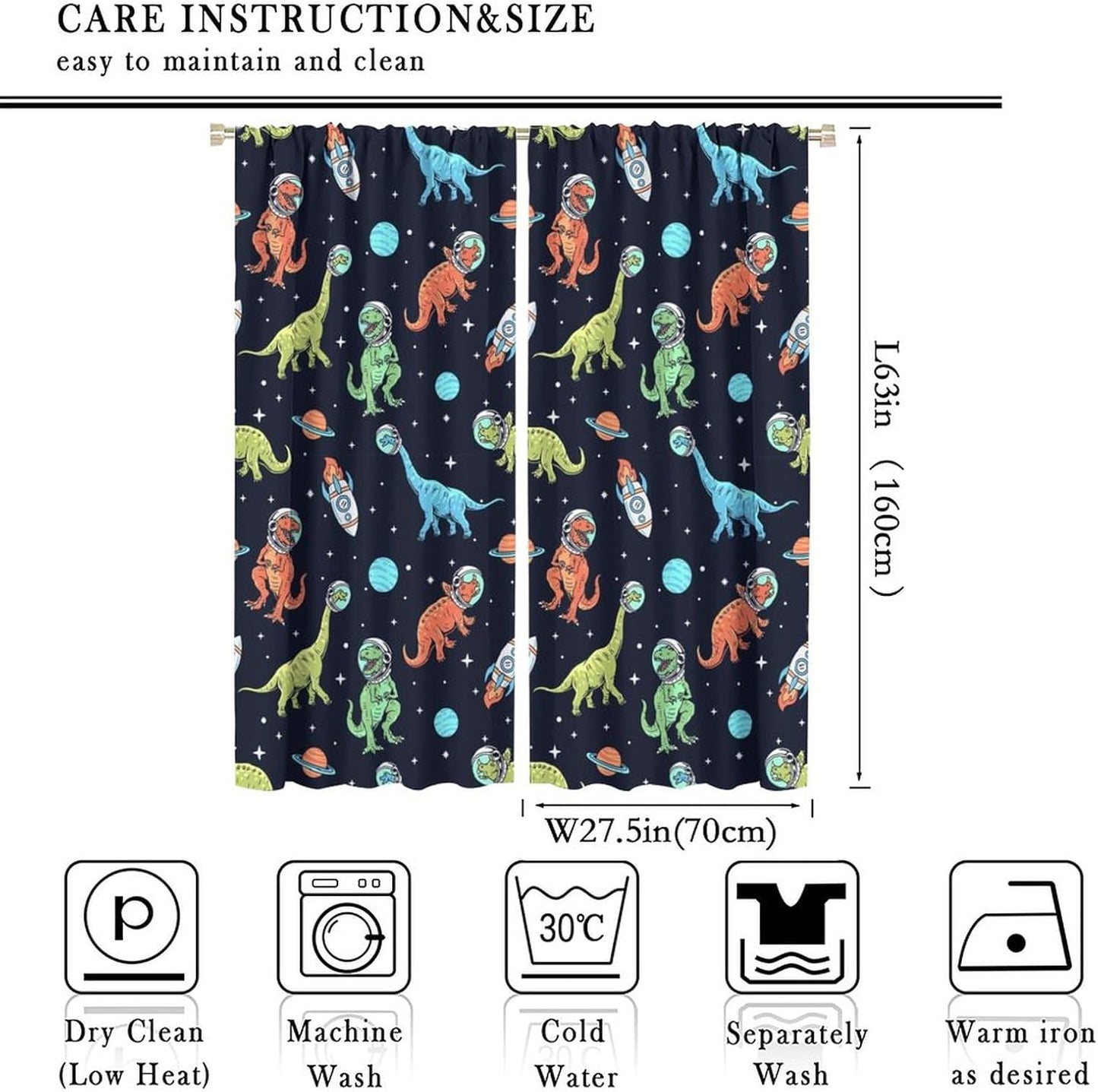 Cartoon Dinosaur Curtains for Kids Boys Girls Home Decor, Astronaut Rocket Funny Outer Space Blackout Rod Pocket Window Drapes for Bedroom Living Room W27.5xL63in 2 Panels
