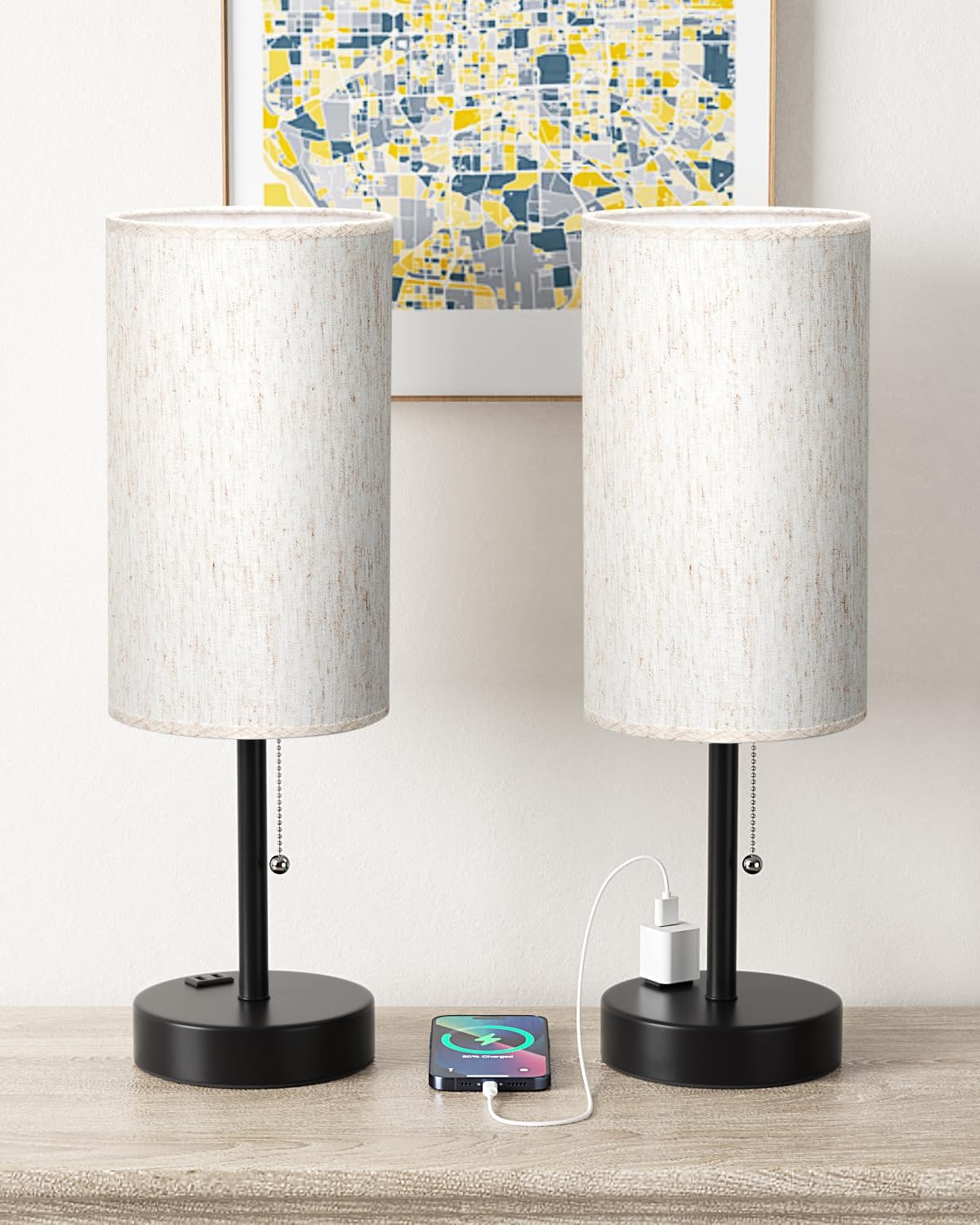 Plus Bedside Table Lamps Set of 2-3 Color Temperatures Pull Chain Lamp with AC Outlet Charging Port, Round Night Stand Lamps for Bedroom Guest Room Office, Bed Side Light with E26 LED Bulbs