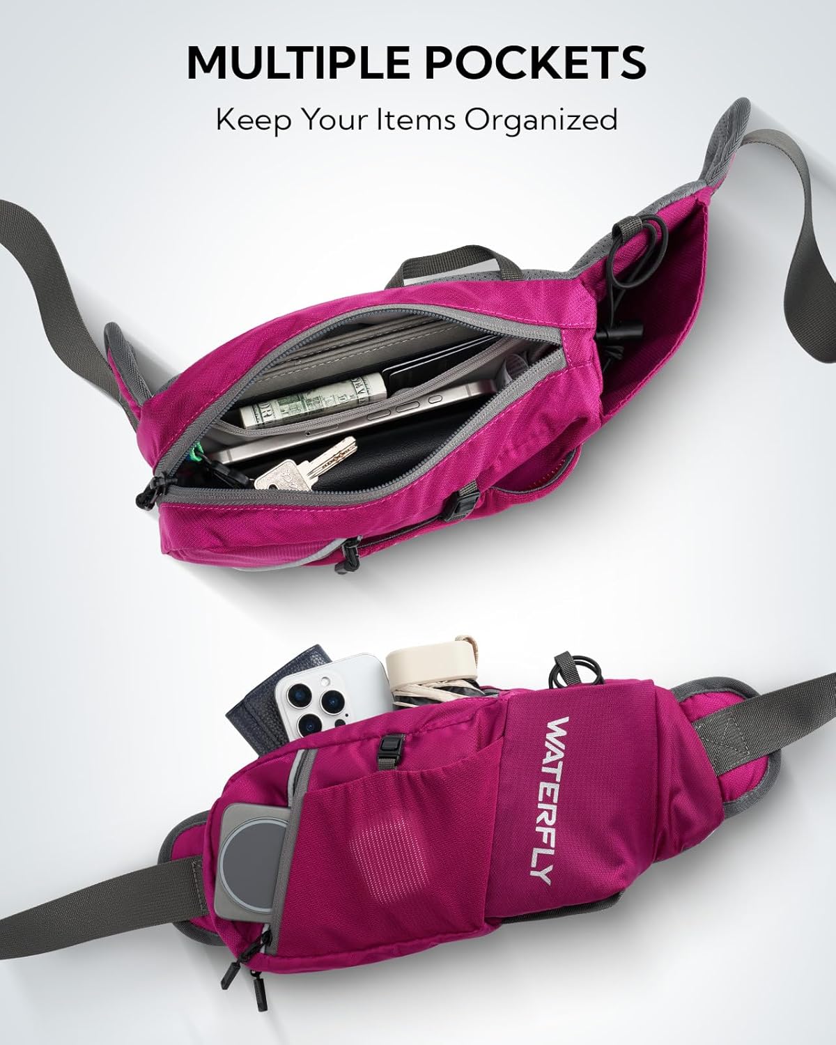 WATERFLY Fanny Pack Waist Bag: Hiking Water Bottle Holder with Strap Waist Pack for Women Men Hydration Hip Packs for Running Walking Traveling-Rose Red