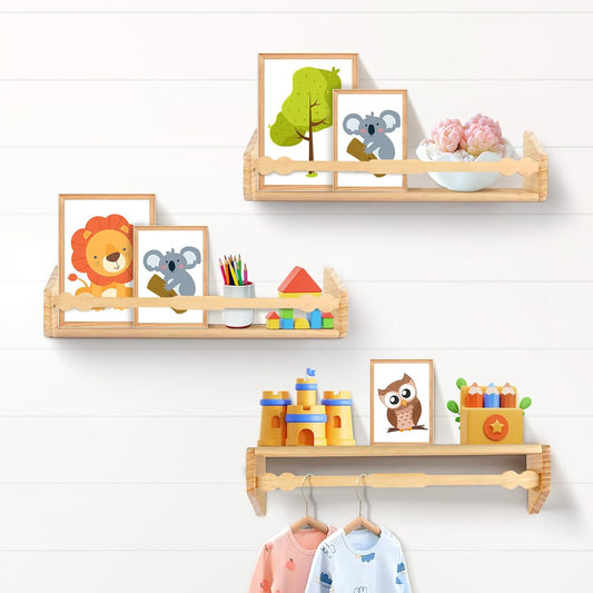 comfoyar Nursery Book Shelves Set of 3, 15.7 Inch Solid Pine Floating Shelves for Wall, Hanging Bookshelf for Kids Boys Girls Baby, Decoration for Bedroom Kitchen Bathroom Playroom, Natural
