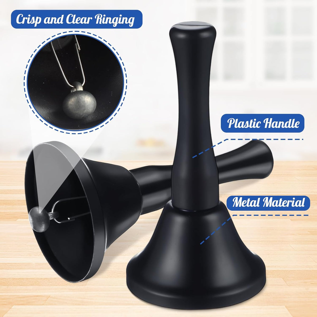 Yeshone 50 Pcs Hand Steel Call Bells Bulk Wedding Dinner Service Bells with Wood Handles for the Sick Elderly Alert Classroom Alarm, 1.97 x 3.66 Inches (Black)