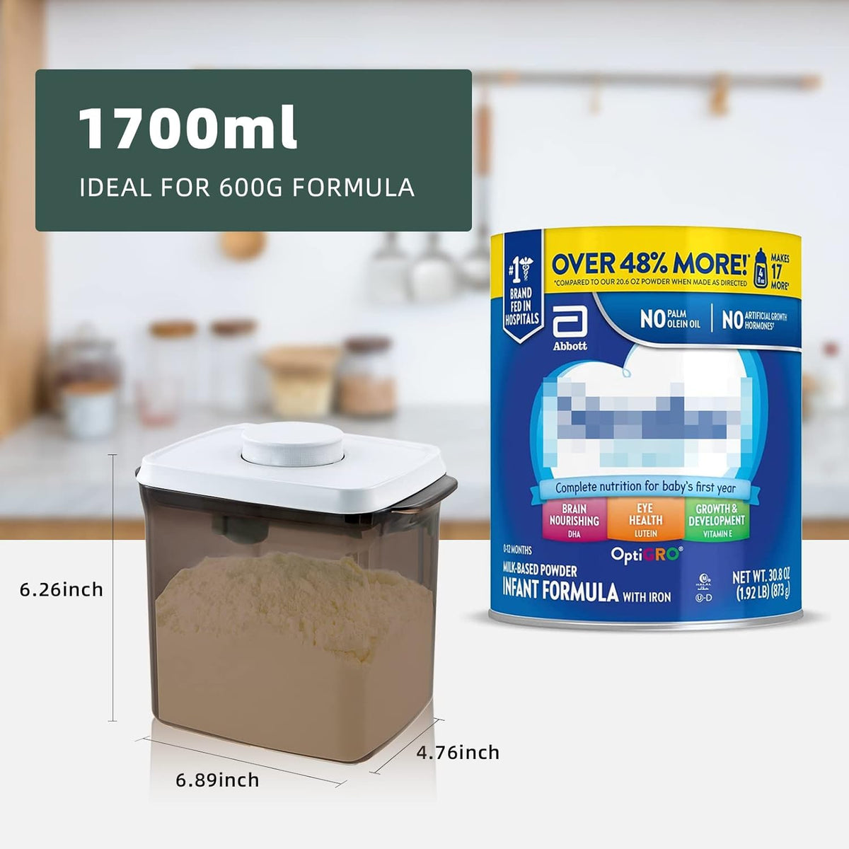 1700ml Airtight Formula Container Pop Up Milk Powder Container Formula Dispenser, 21OZ, 1.32LB, 600g, Brown