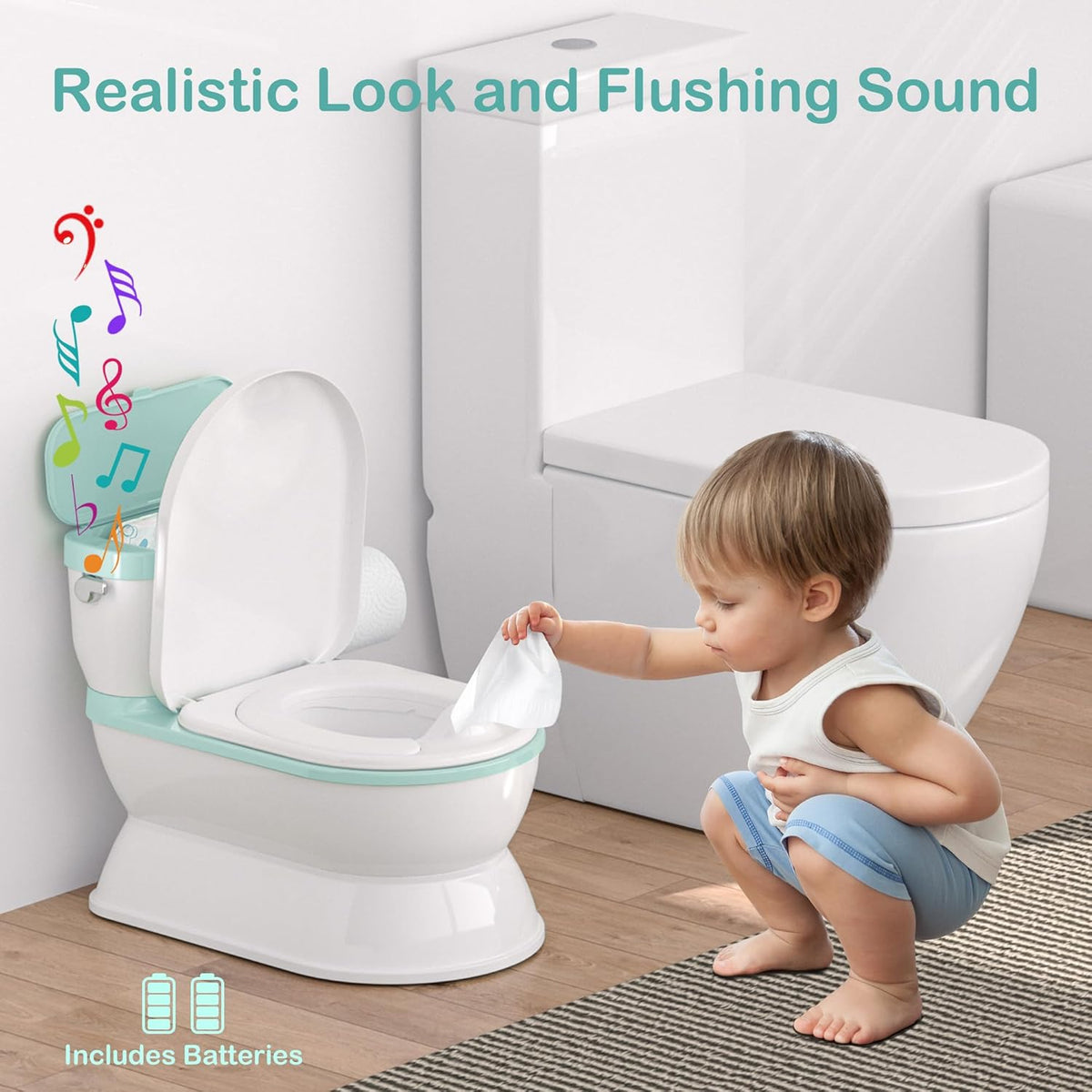 2-in-1 Toddler Potty Training Toilet - Larger Potty Chair & Detachable Training Seat for Boys & Girls Ages 1-3 with Flushing Sound, Wipes Storage, Toilet Paper Holder - Cyan